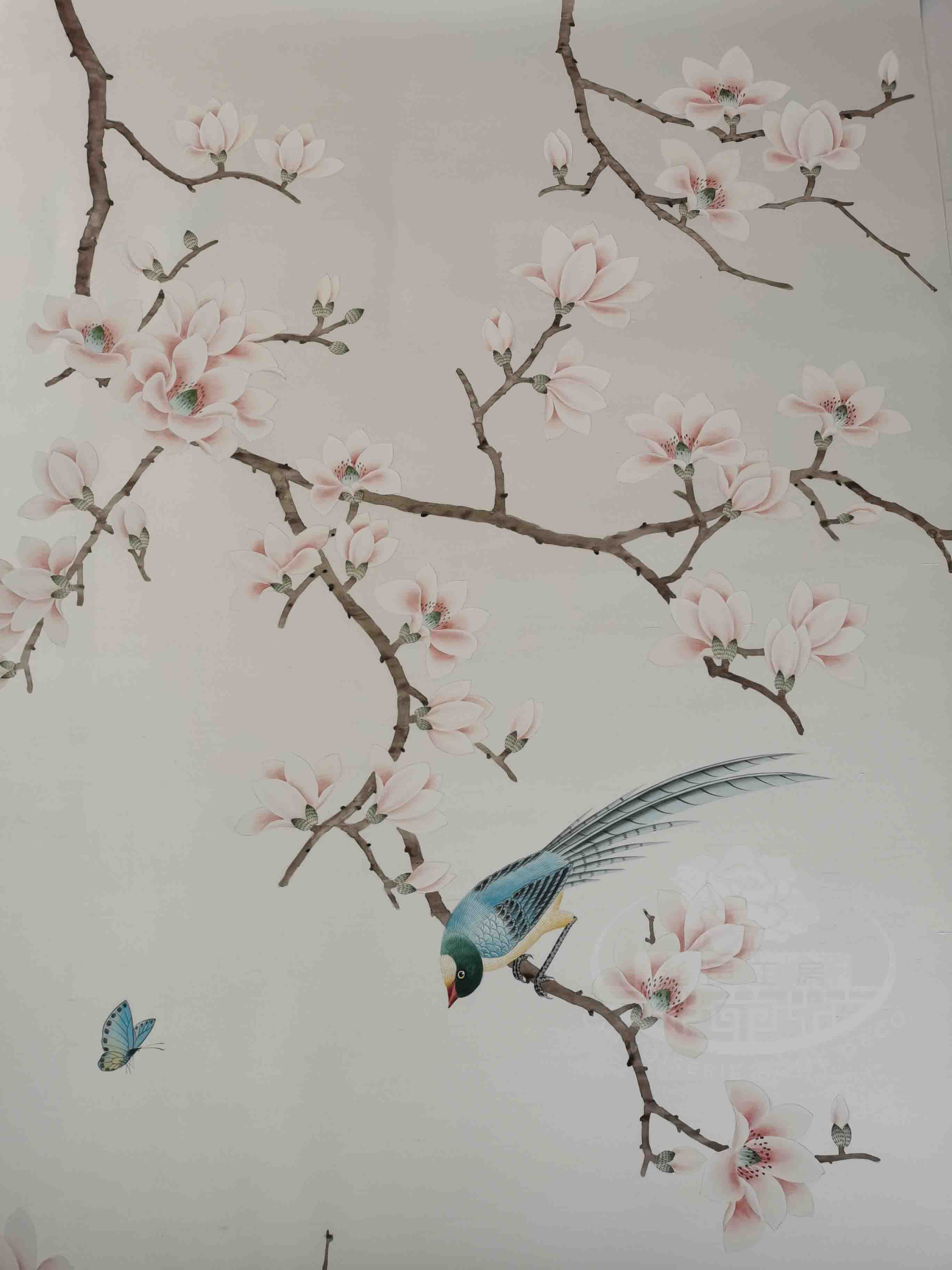 Detailed brushwork of songbird perching on branch, hand-painted on silk wallpaper