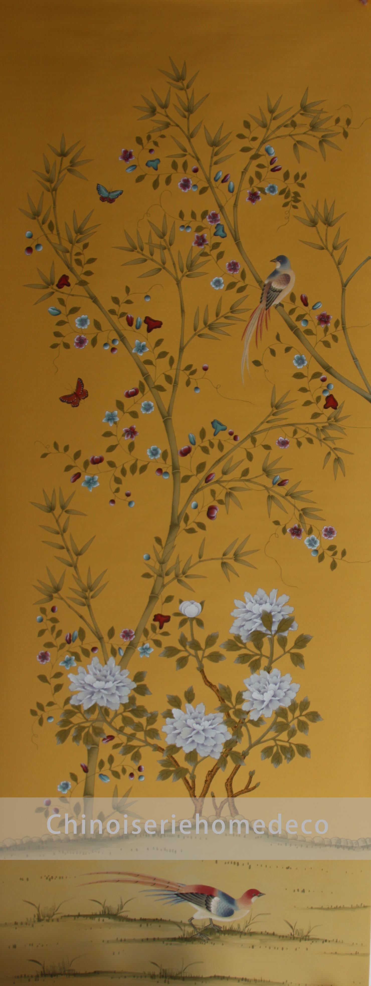 36" x 96" Chinoiserie Handpainted Artwork on Yellow Silk