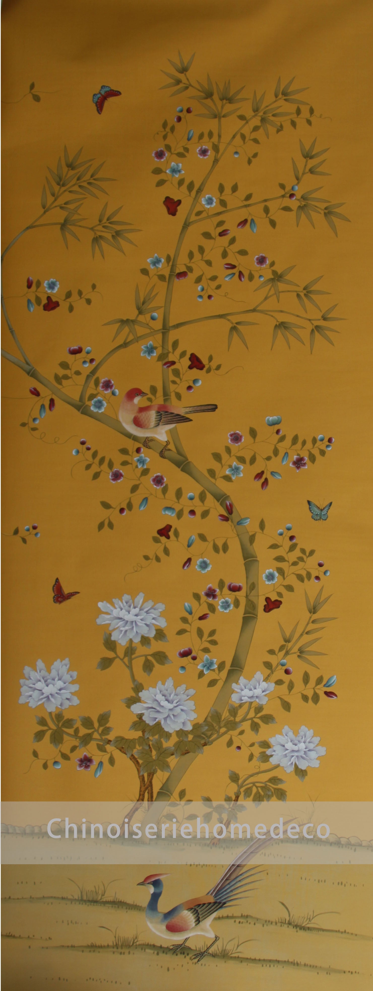 36" x 96" Chinoiserie Handpainted Artwork on Yellow Silk