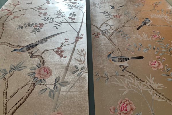 Custom-made Chinoiserie hand-painted wallpaper with intricate floral and bird motifs, tailored to fit any wall size and color scheme.