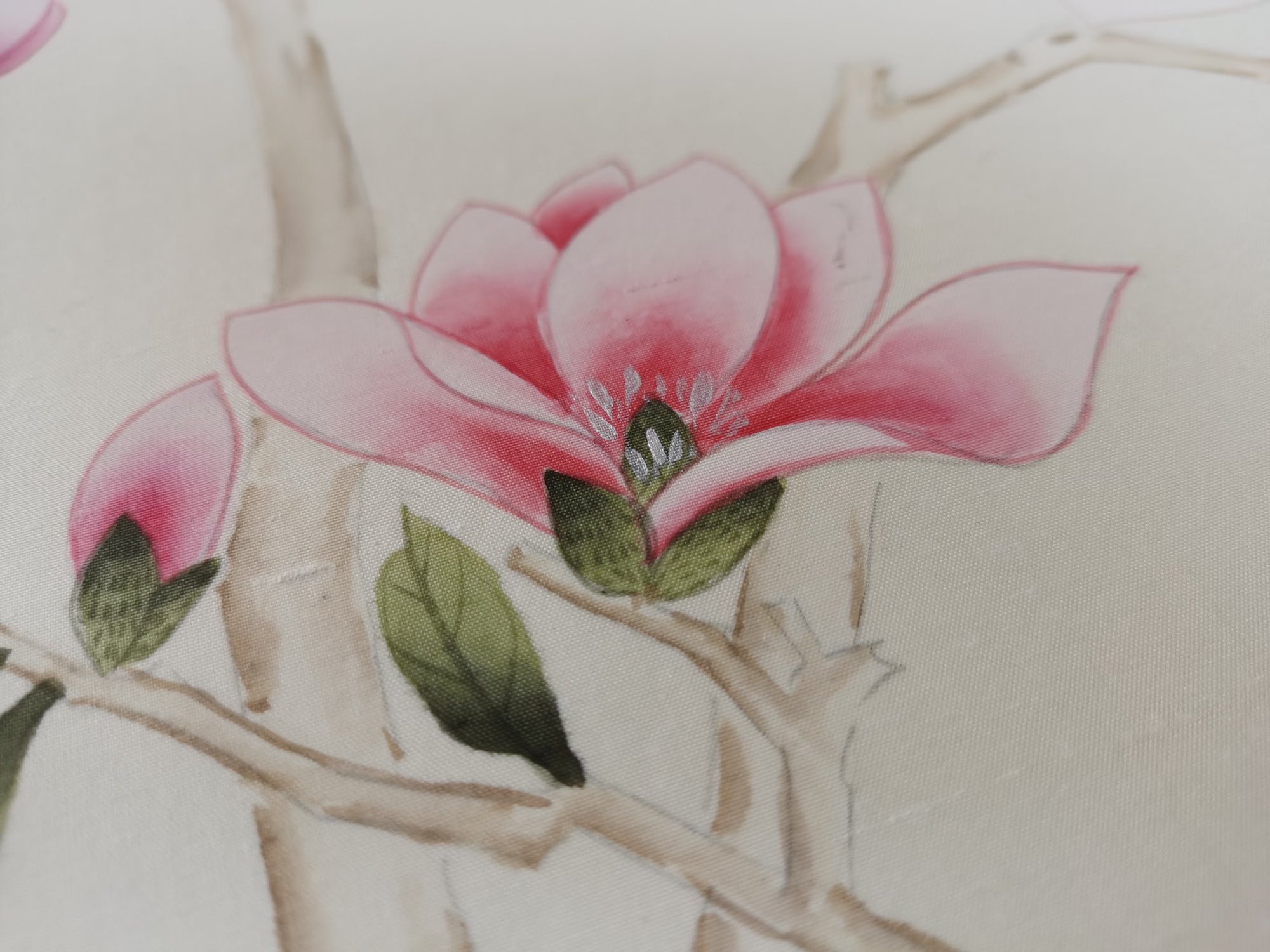 Chinoiserie wall panels with pink magnolia and birds hand-painted on ivory silk
