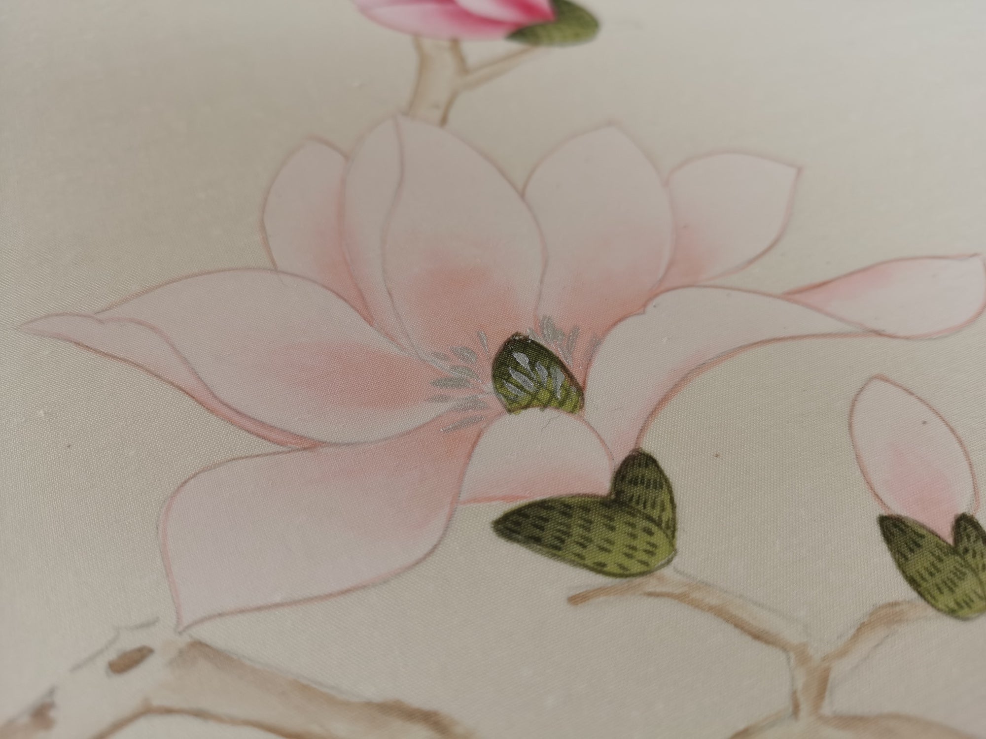 Chinoiserie wall panels with pink magnolia and birds hand-painted on ivory silk