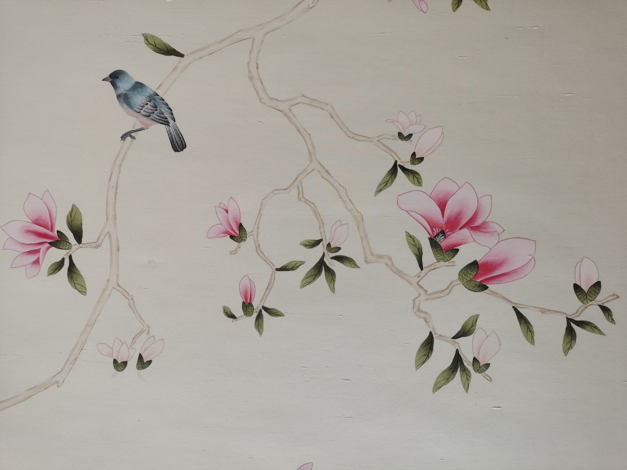 Chinoiserie wall panels with pink magnolia and birds hand-painted on ivory silk