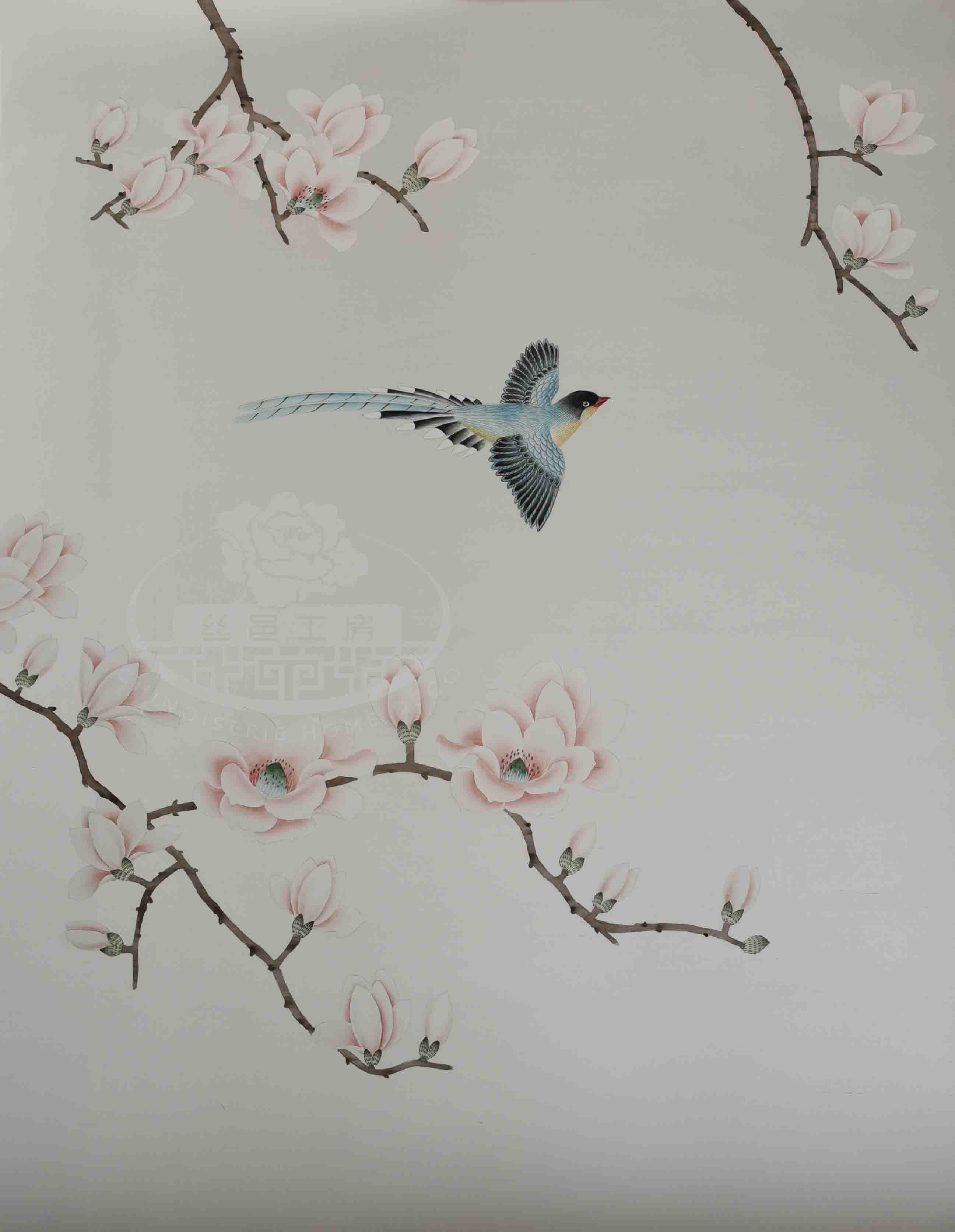 Detailed brushwork of songbird flying, hand-painted on silk wallpaper