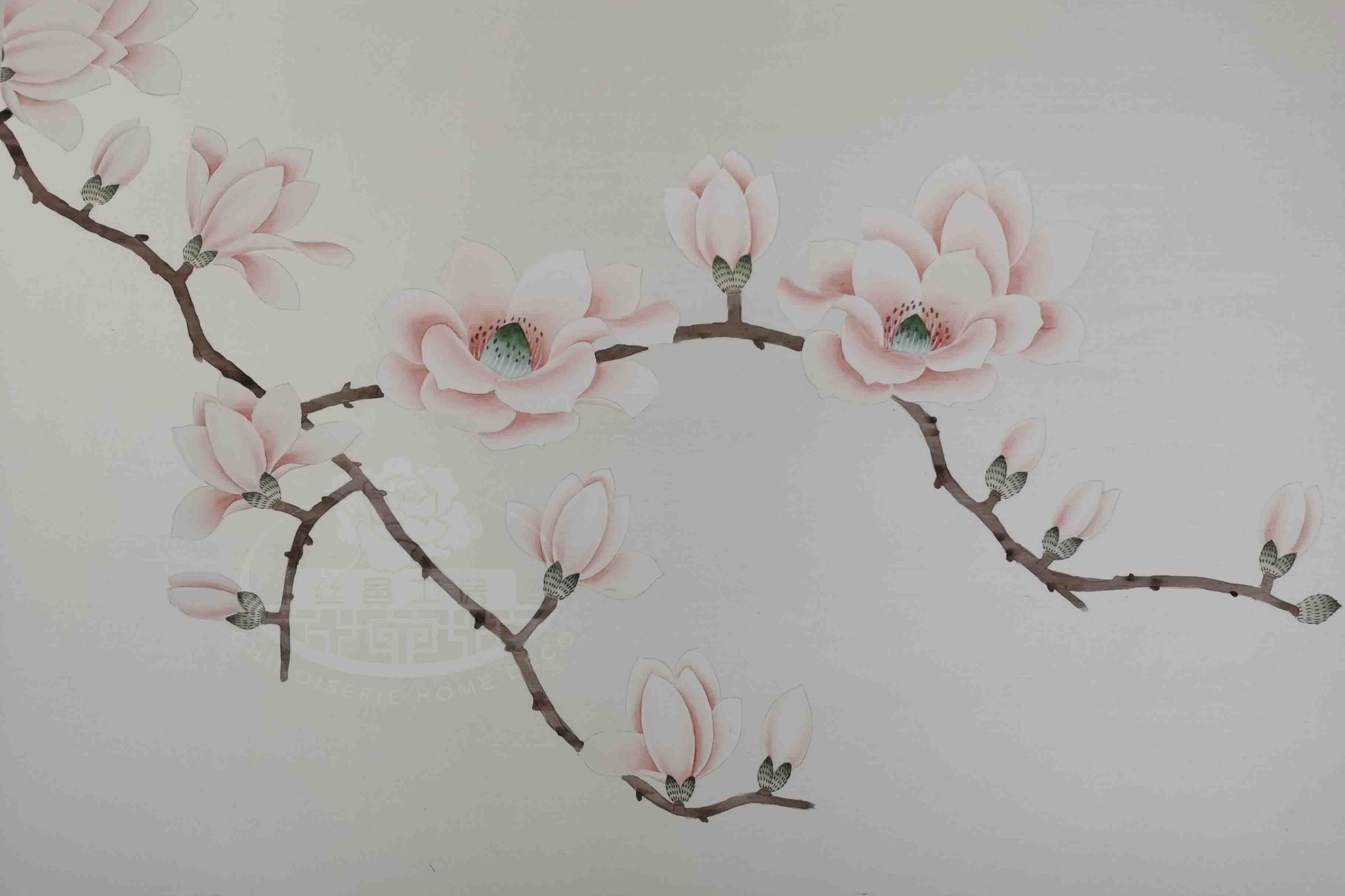 Close-up of hand-painted magnolia blossoms on textured slub silk background