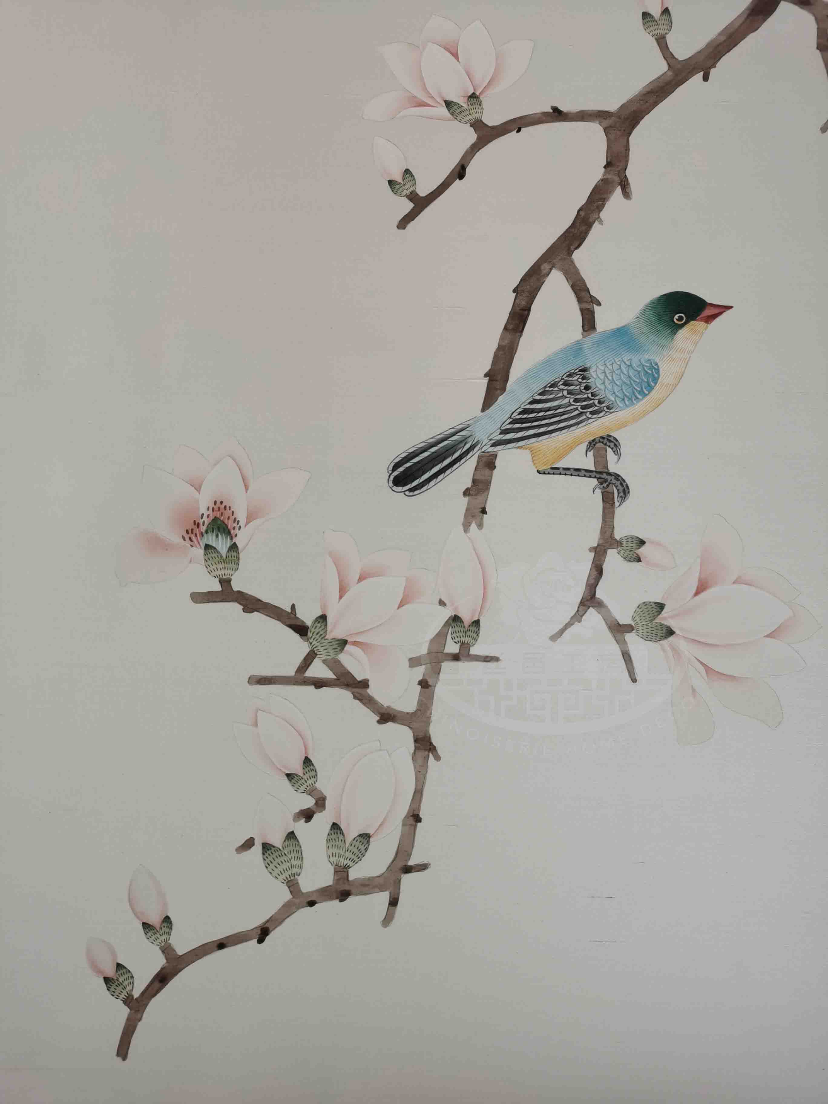 Detailed brushwork of songbird perching on branch, hand-painted on silk wallpaper