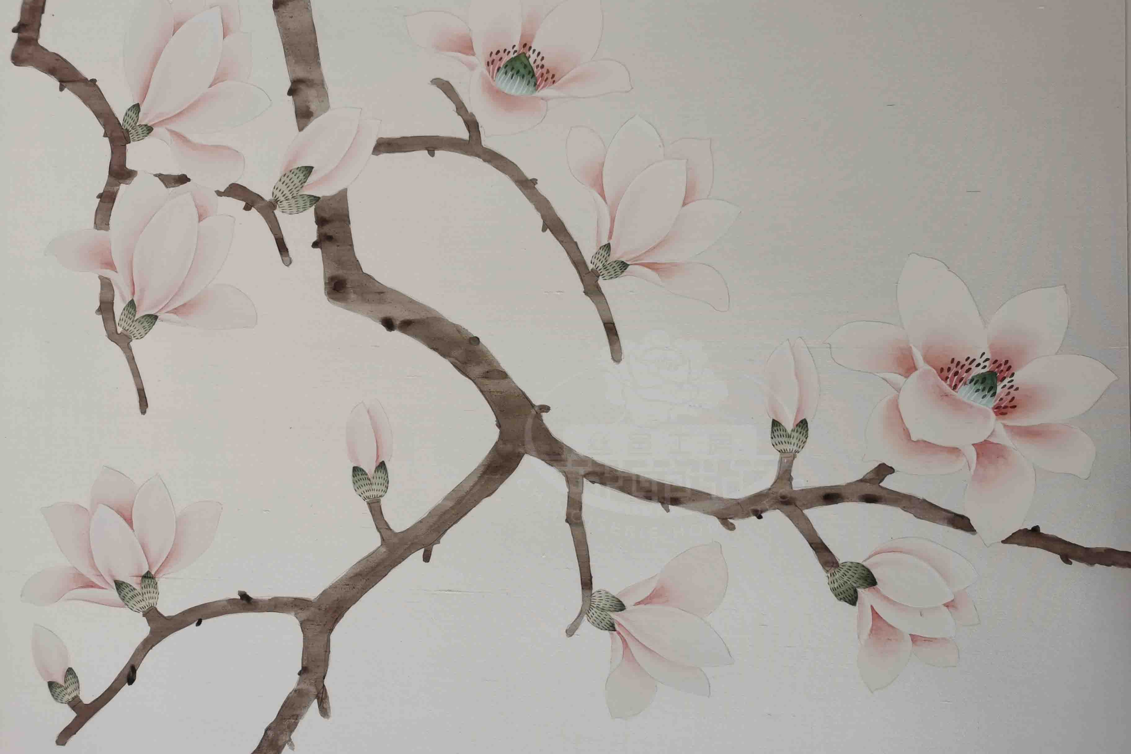 Close-up of hand-painted magnolia blossoms on textured slub silk background