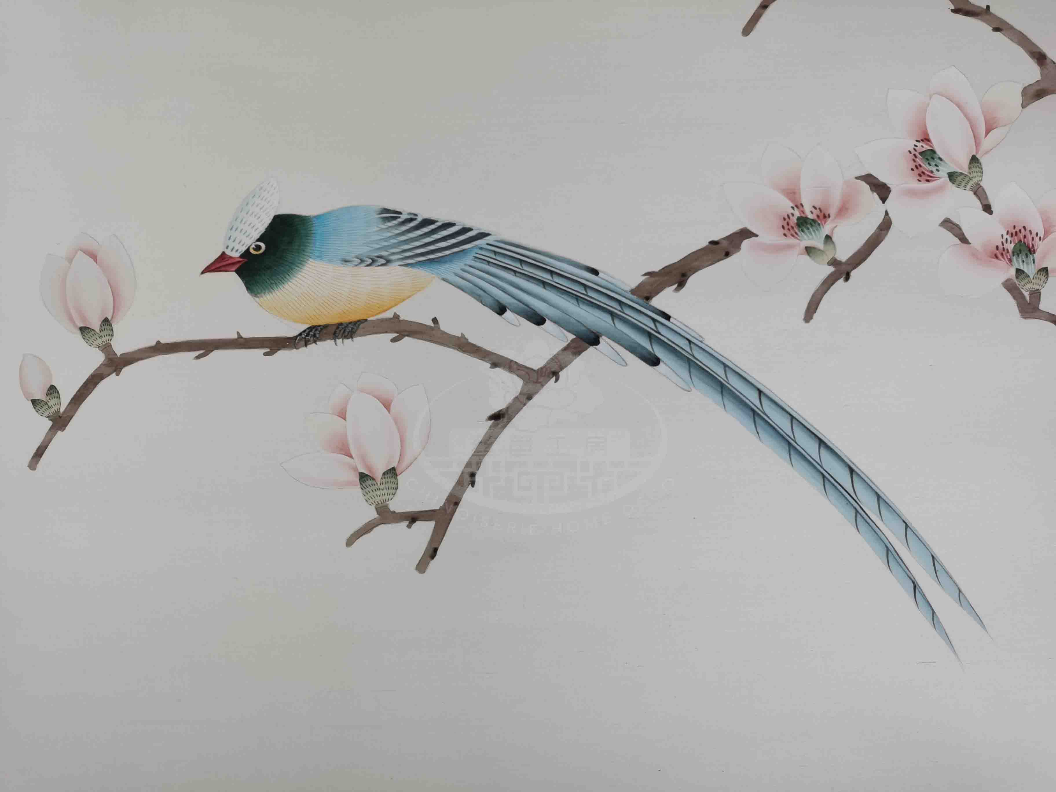 Detailed brushwork of songbird perching on branch, hand-painted on silk wallpaper