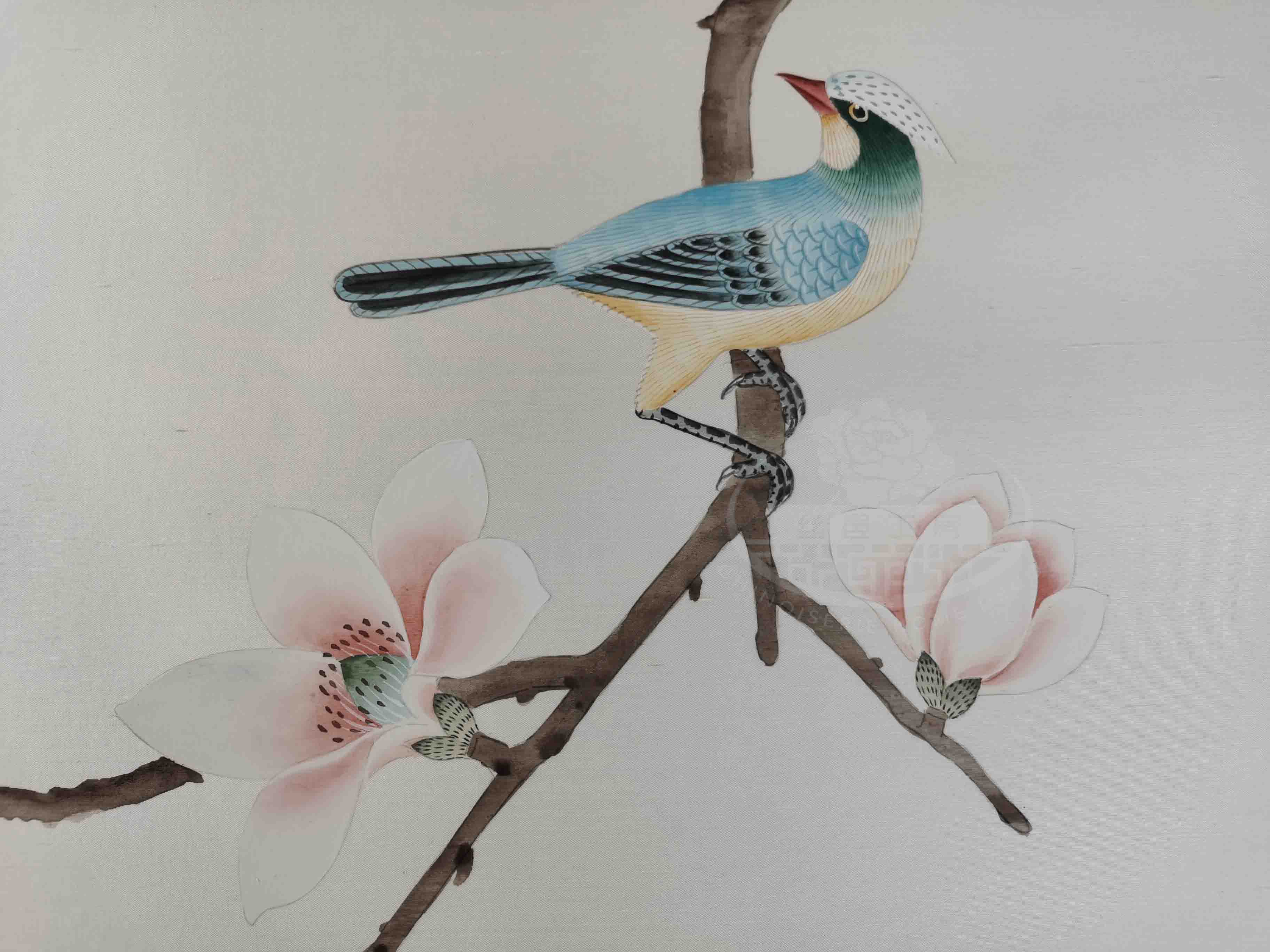 Detailed brushwork of songbird perching on branch, hand-painted on silk wallpaper