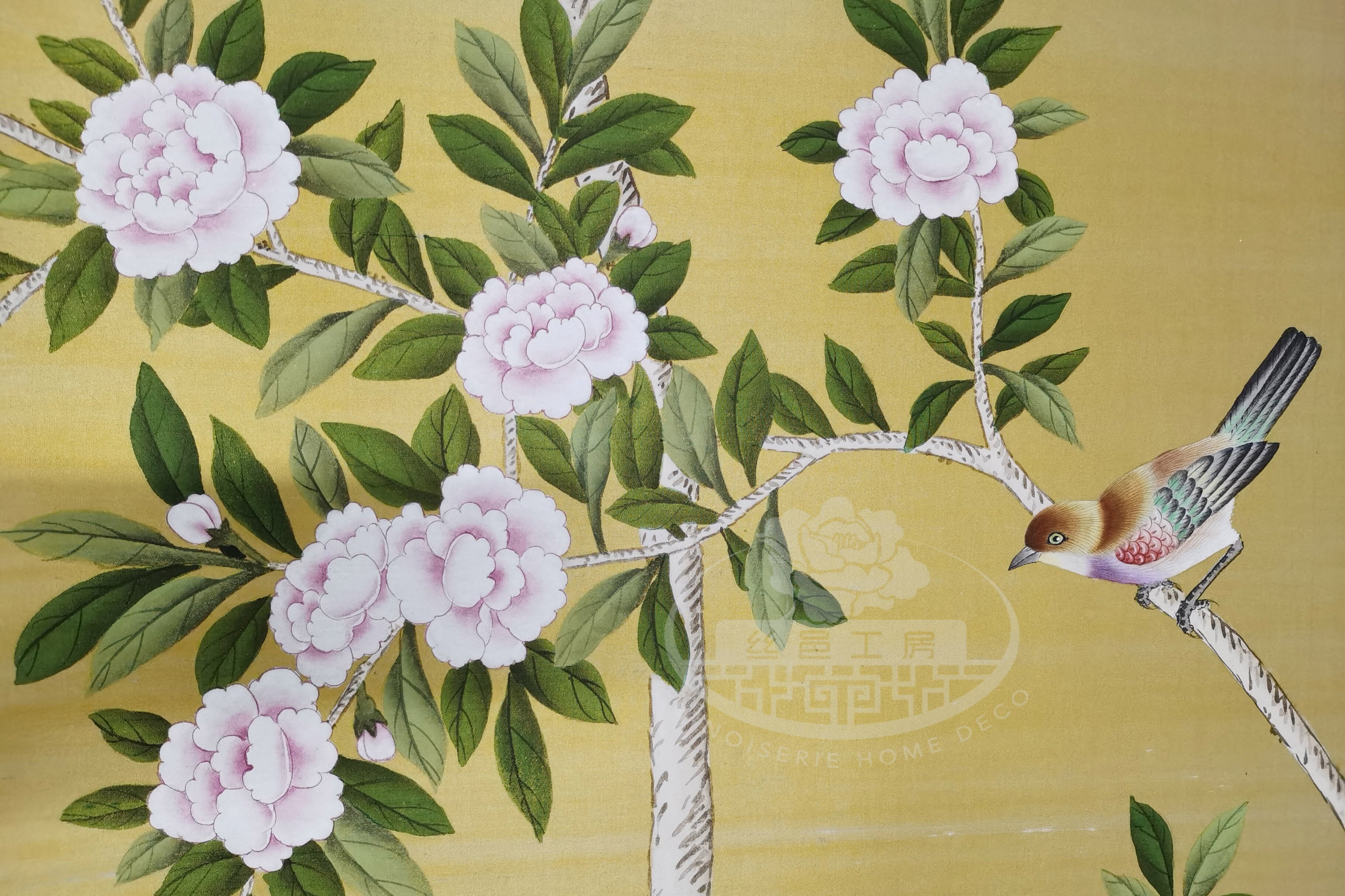 Custom-made Chinoiserie hand-painted wallpaper with intricate floral and bird motifs, tailored to fit any wall size and color scheme.