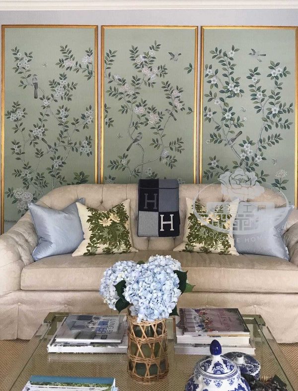 Green Silk Chinoiserie Wall Art – Handpainted Birds & Blossoms Panels | 3' x 7' Triptych Mural SP-11 | Unframed