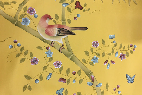 Custom-made Chinoiserie hand-painted wallpaper with intricate floral and bird motifs, tailored to fit any wall size and color scheme.