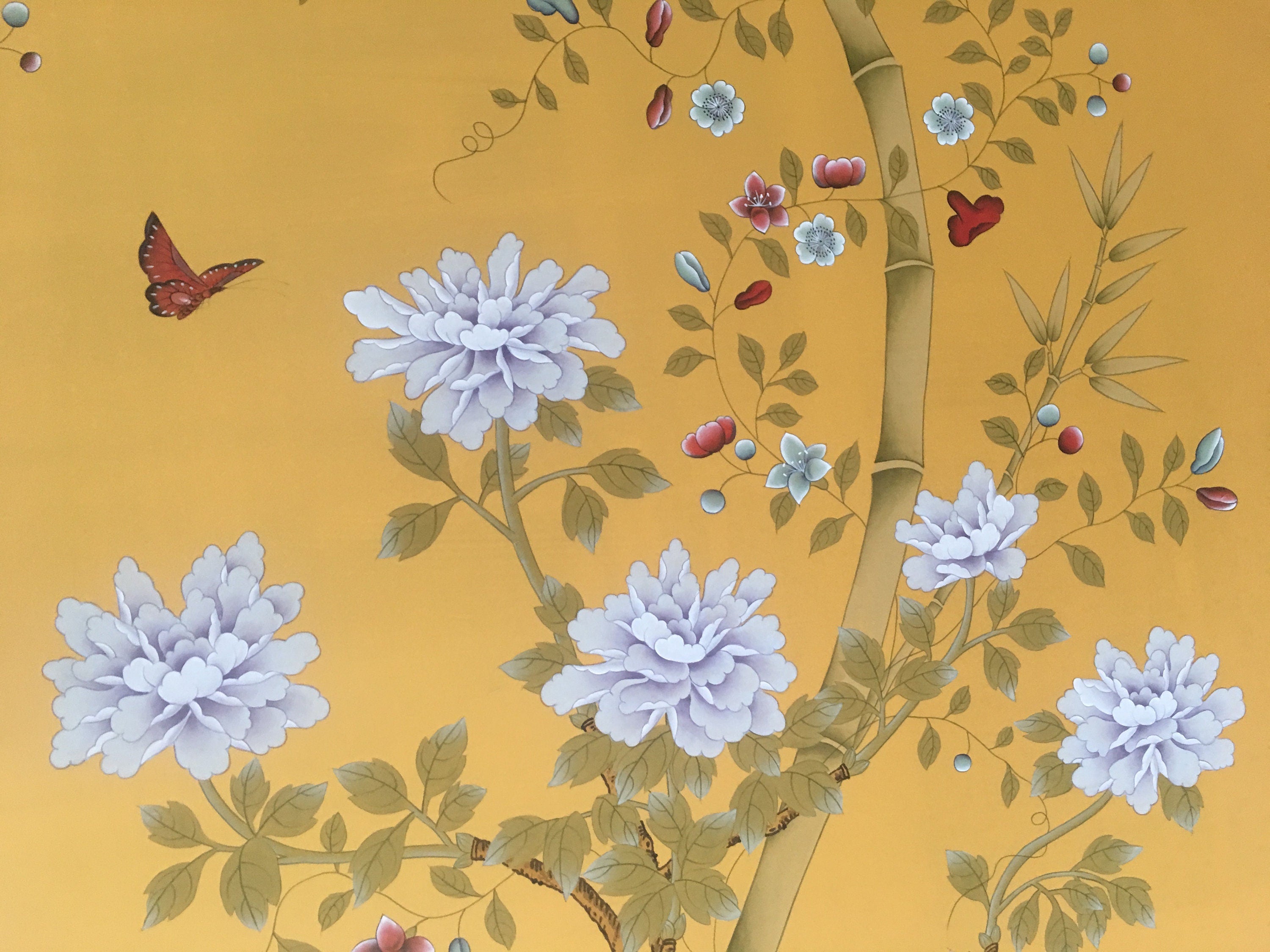 36" x 96" Chinoiserie Handpainted Artwork on Yellow Silk