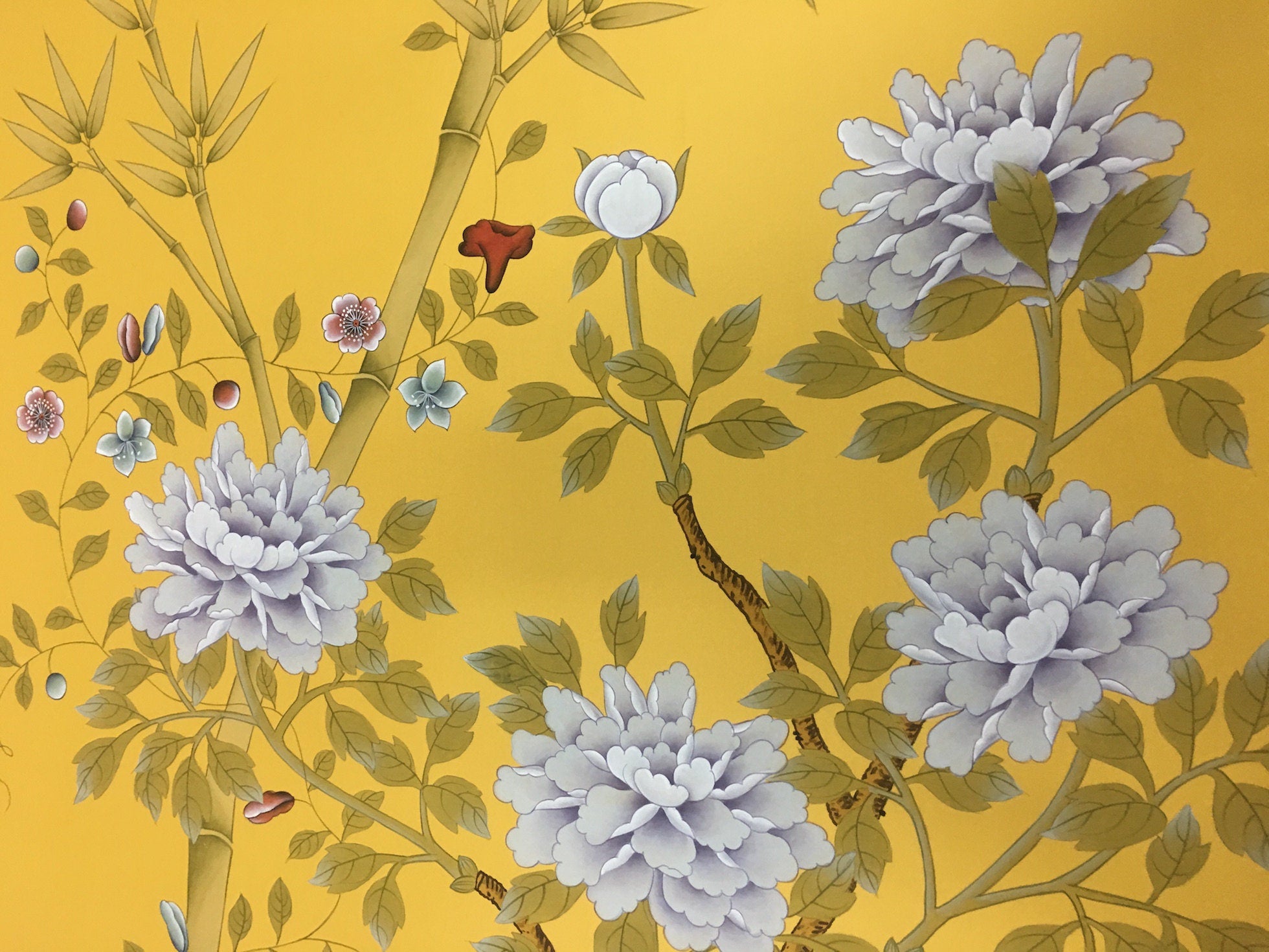 36" x 96" Chinoiserie Handpainted Artwork on Yellow Silk