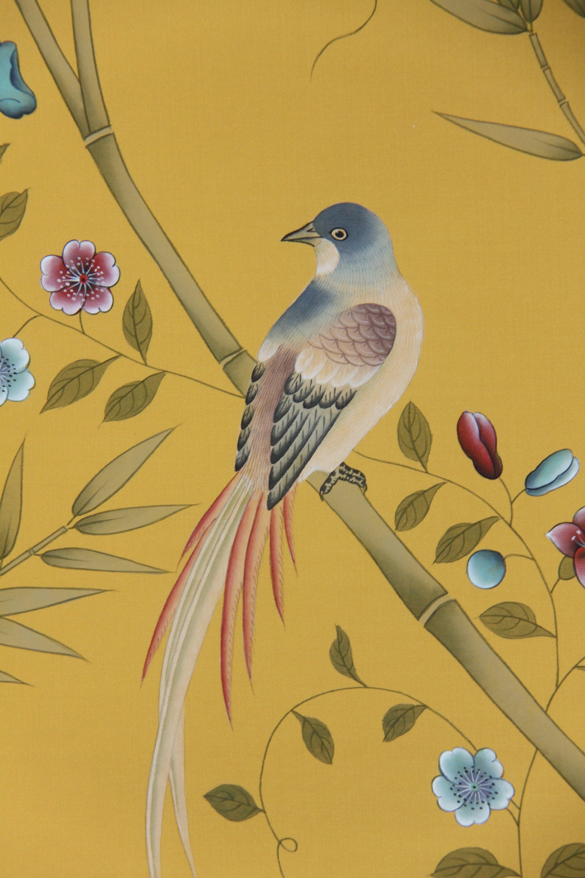 36" x 96" Chinoiserie Handpainted Artwork on Yellow Silk