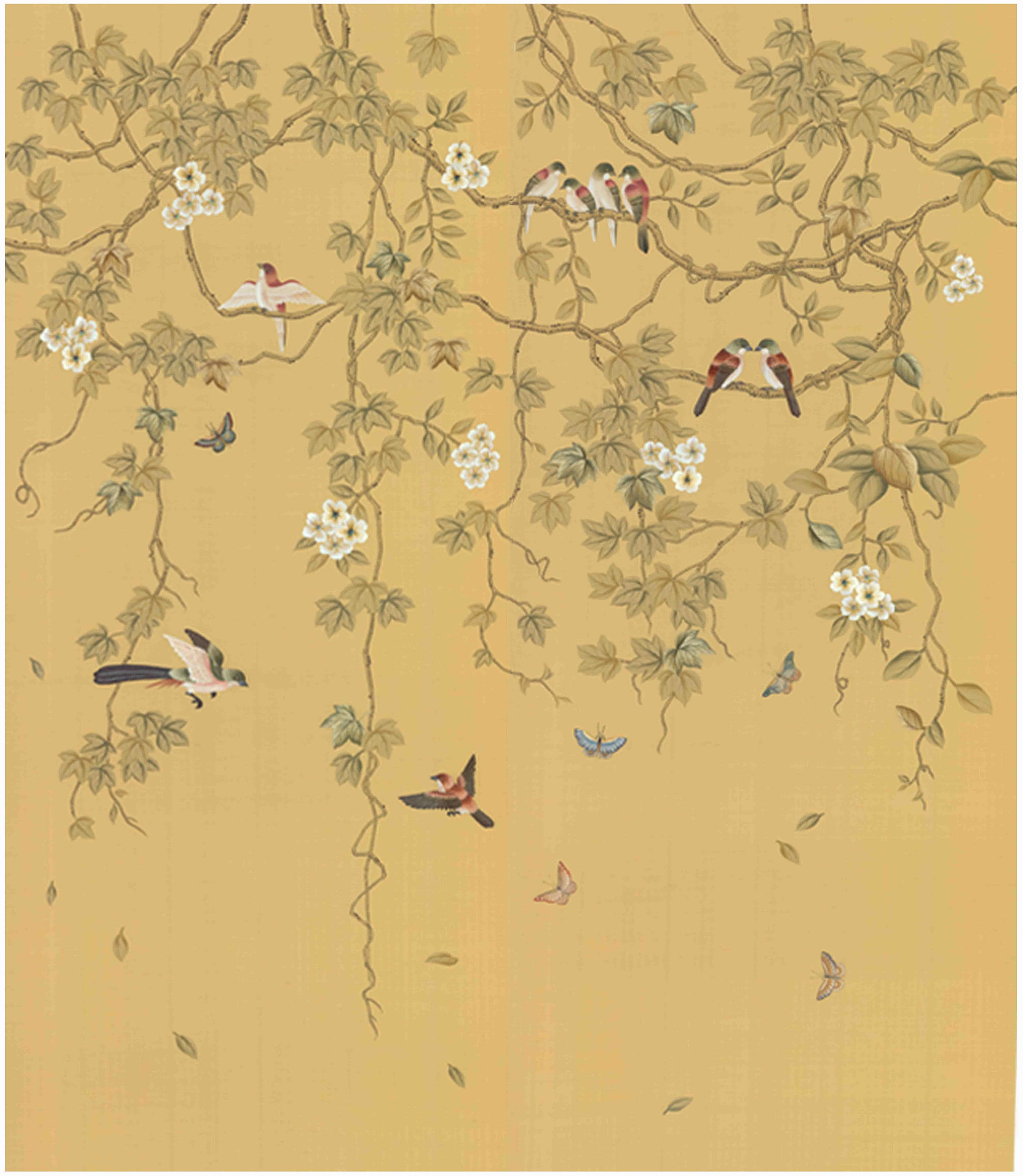 Chinoiserie Handpainted Silk Wallpaper: Vines and Birds, two panels shown in this listing, custom size available