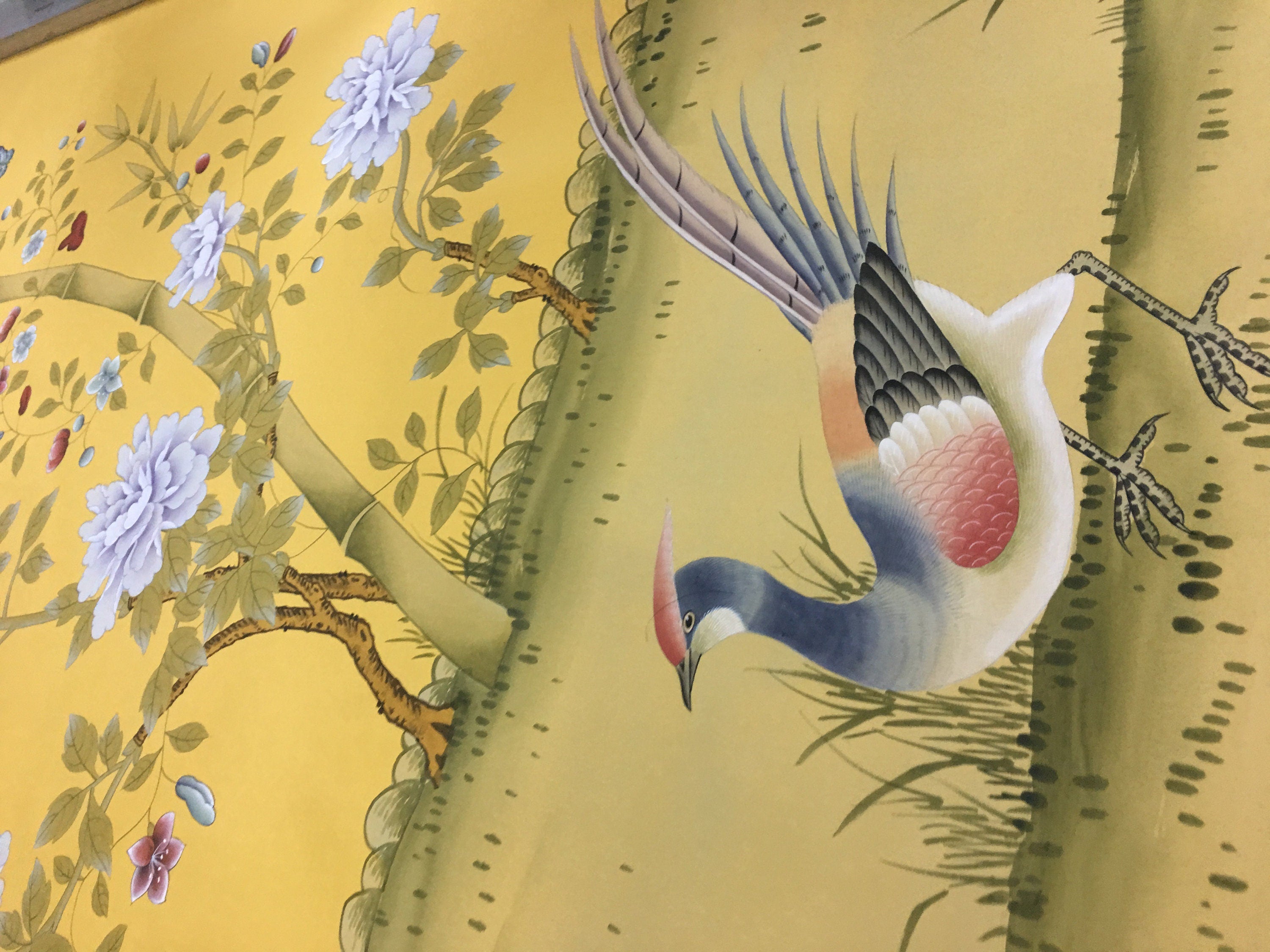 36" x 96" Chinoiserie Handpainted Artwork on Yellow Silk