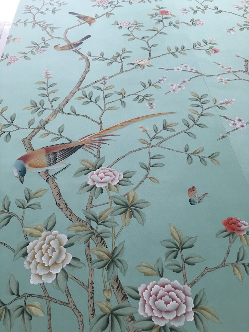 26" x 73" Chinoiserie Handpainted Artwork on Duckegg Blue Silk in SP-35
