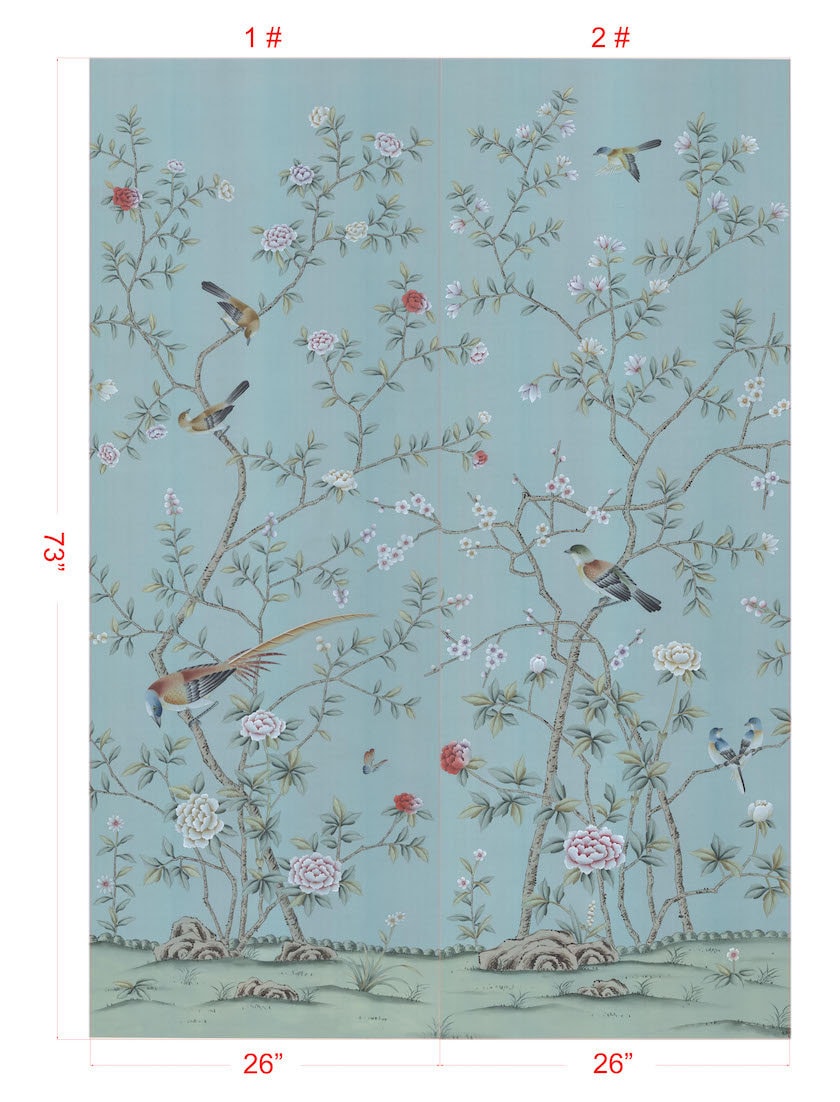 26" x 73" Chinoiserie Handpainted Artwork on Duckegg Blue Silk in SP-35