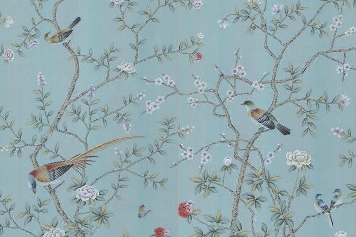 Custom-made Chinoiserie hand-painted wallpaper with intricate floral and bird motifs, tailored to fit any wall size and color scheme.