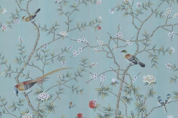 Custom-made Chinoiserie hand-painted wallpaper with intricate floral and bird motifs, tailored to fit any wall size and color scheme.