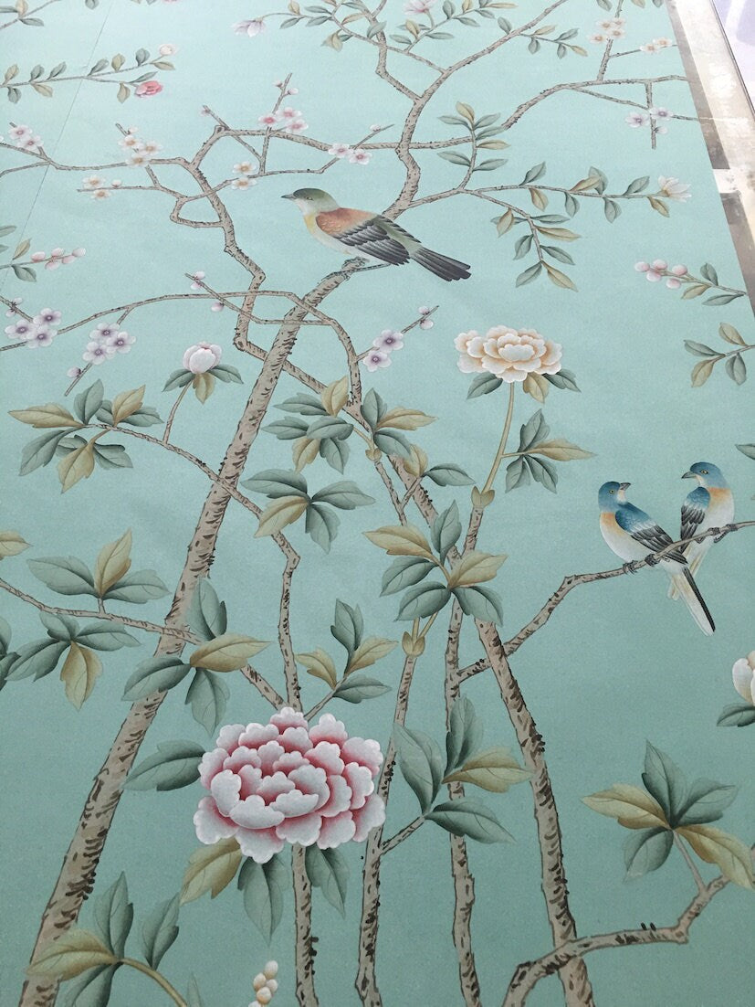 26" x 73" Chinoiserie Handpainted Artwork on Duckegg Blue Silk in SP-35
