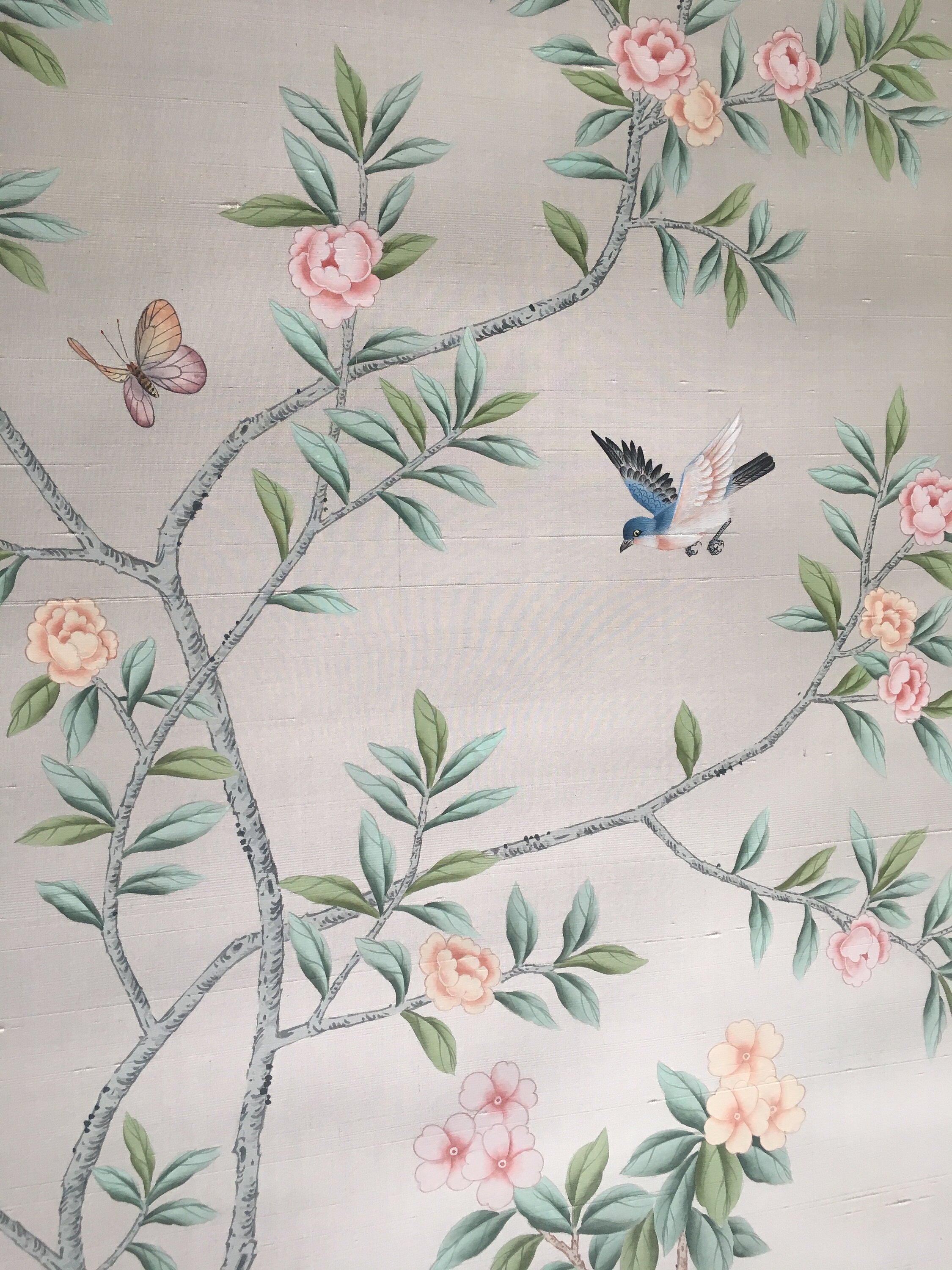 Chinoiserie Handpainted Artwork on Silver Grey Slub Silk: Panel Size 36" by 45"