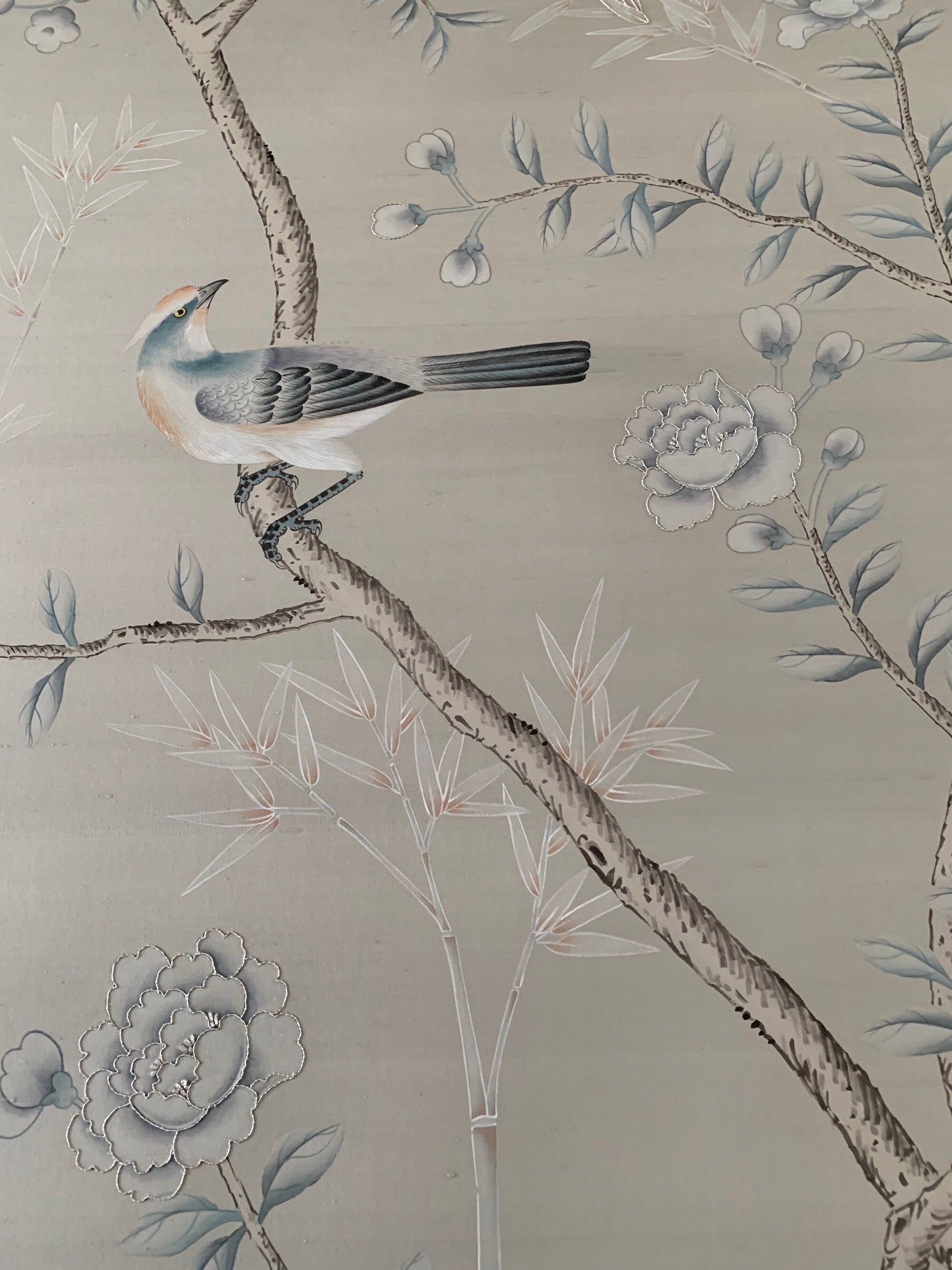 36" x 72" Chinoiserie Handpainted Wallpaper on Silver Grey Silk with Partial Hand Embroidery