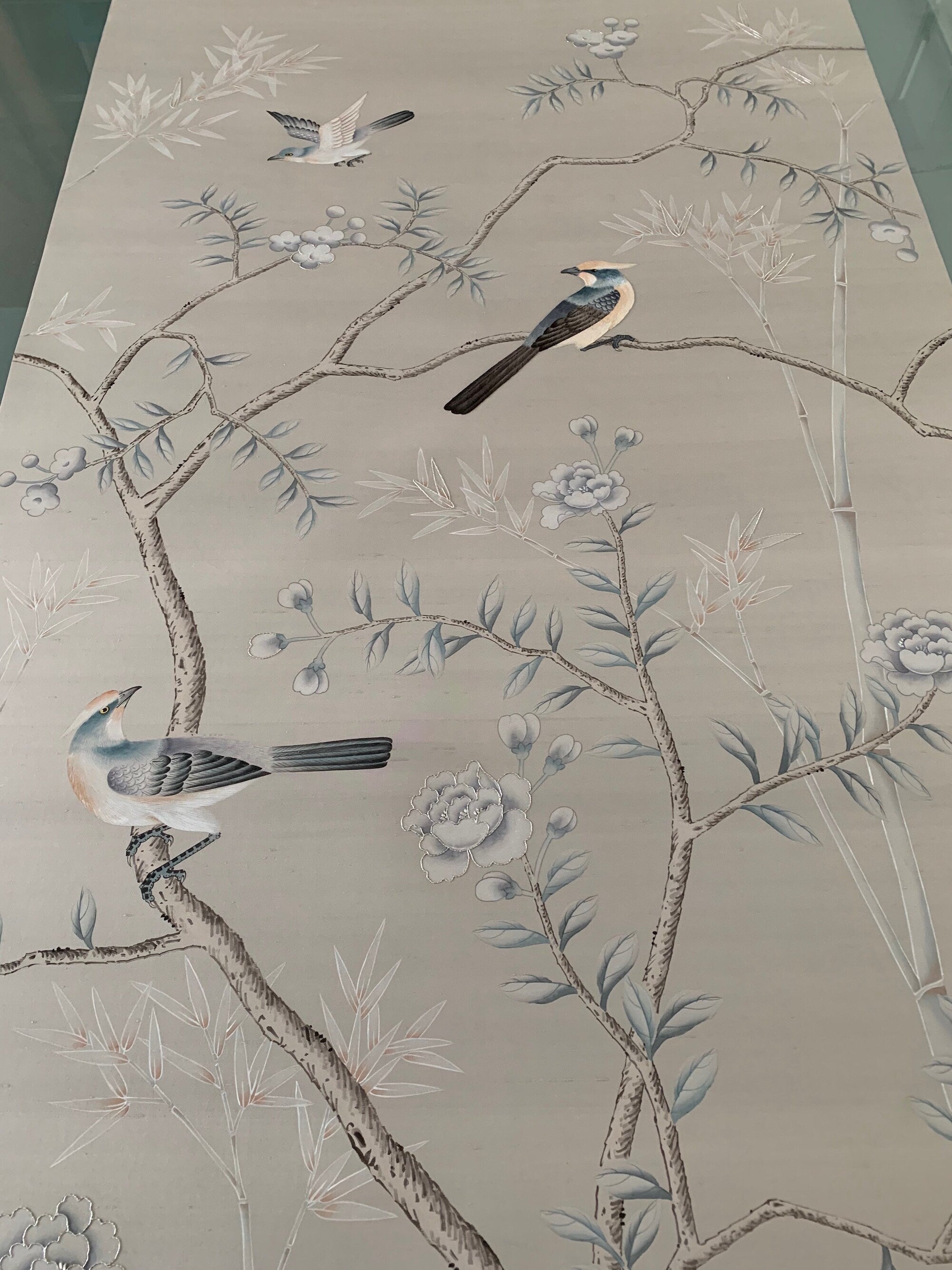 36" x 72" Chinoiserie Handpainted Wallpaper on Silver Grey Silk with Partial Hand Embroidery
