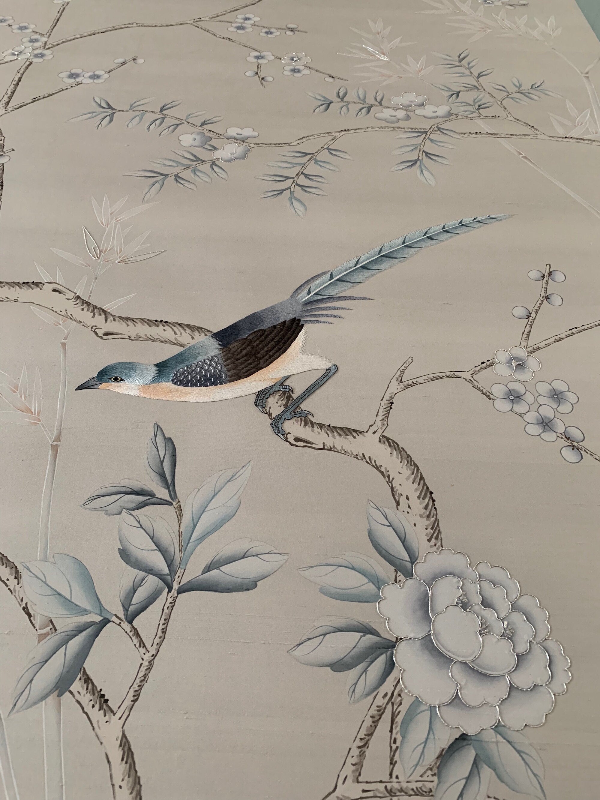 36" x 72" Chinoiserie Handpainted Wallpaper on Silver Grey Silk with Partial Hand Embroidery