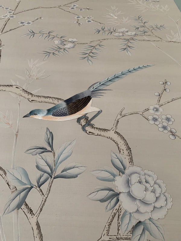 36" x 72" Chinoiserie Handpainted Wallpaper on Silver Grey Silk with Partial Hand Embroidery