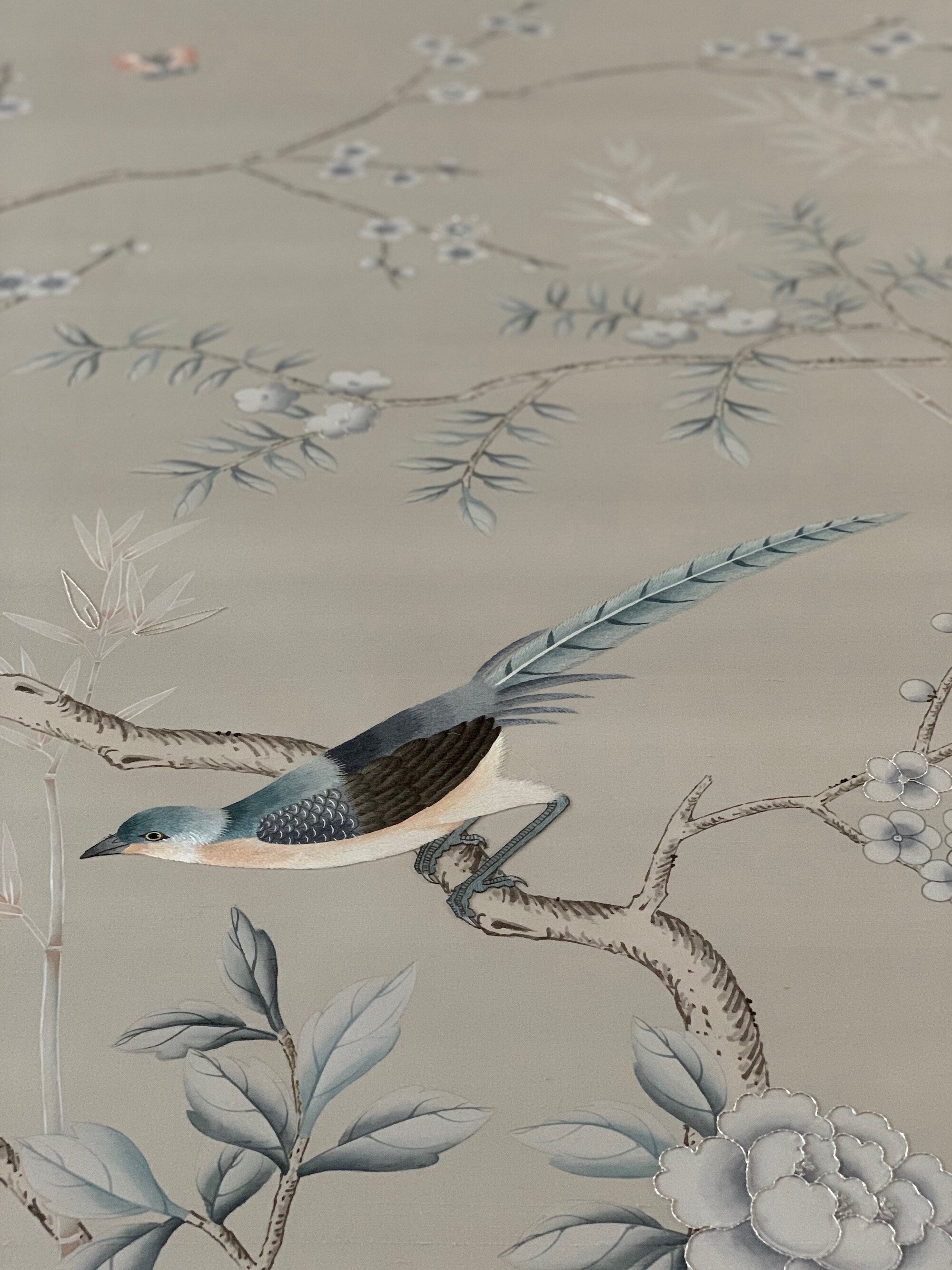36" x 72" Chinoiserie Handpainted Wallpaper on Silver Grey Silk with Partial Hand Embroidery