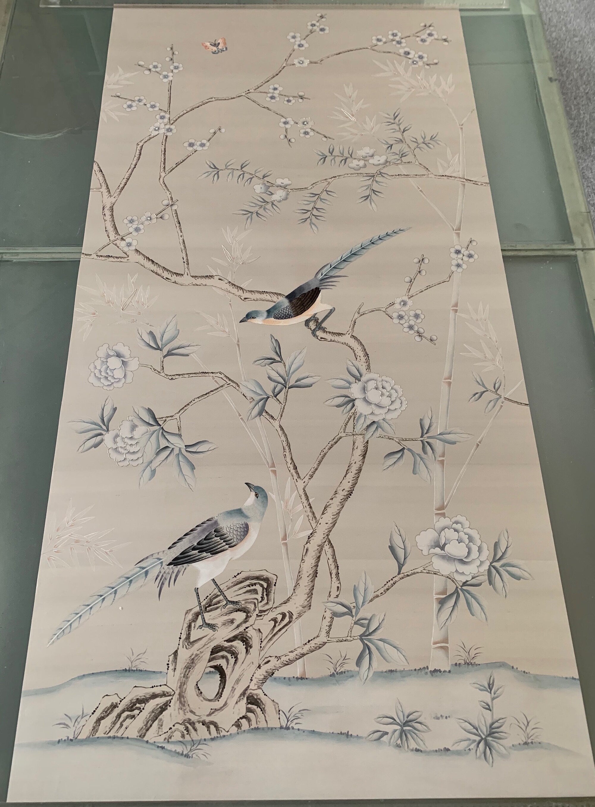 36" x 72" Chinoiserie Handpainted Wallpaper on Silver Grey Silk with Partial Hand Embroidery