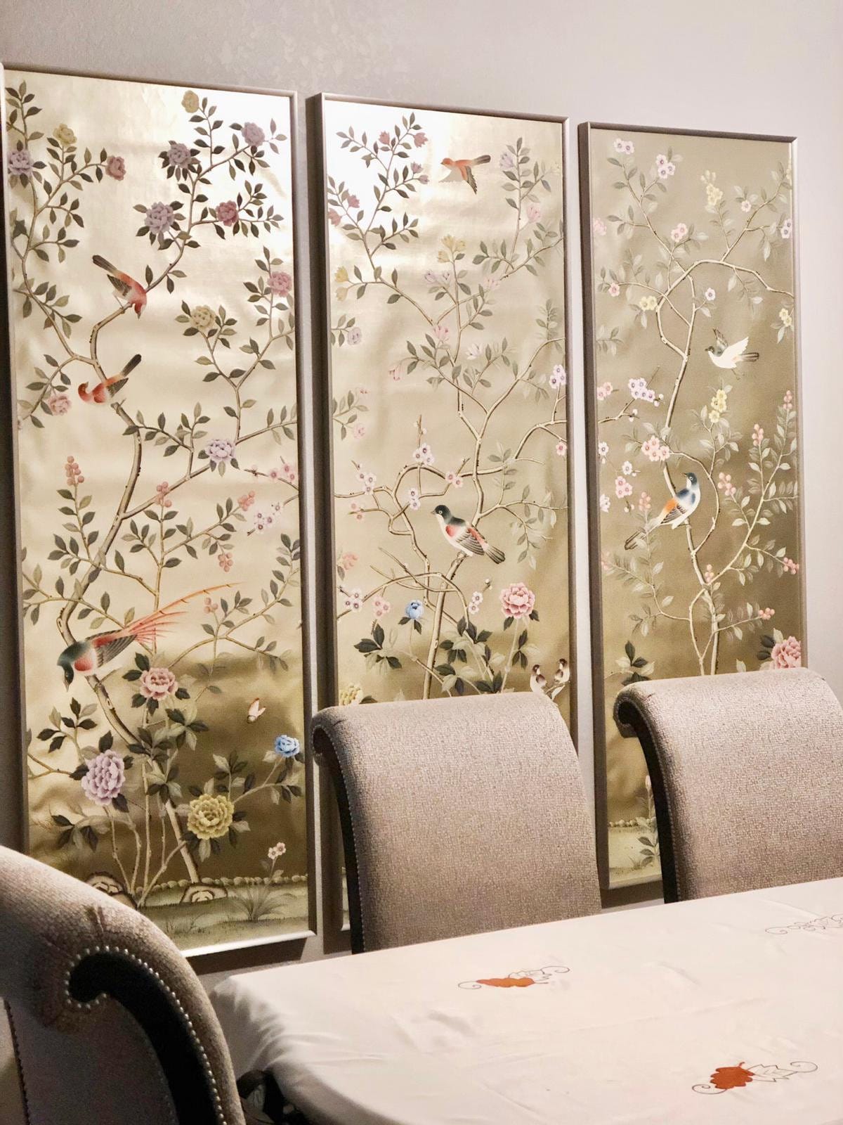 26" x 68" Chinoiserie Handpainted Artwork on Champagne Metallic Leaf without Frame
