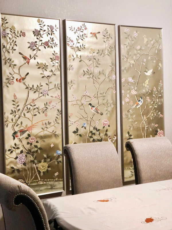 26" x 68" Chinoiserie Handpainted Artwork on Champagne Metallic Leaf without Frame