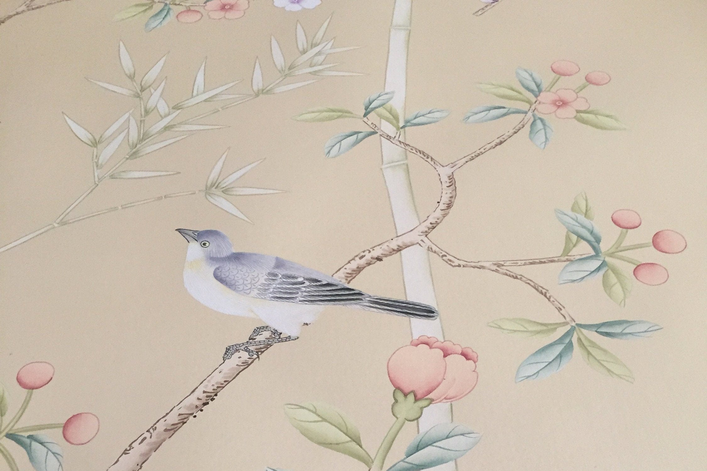 Custom-made Chinoiserie hand-painted wallpaper with intricate floral and bird motifs, tailored to fit any wall size and color scheme.