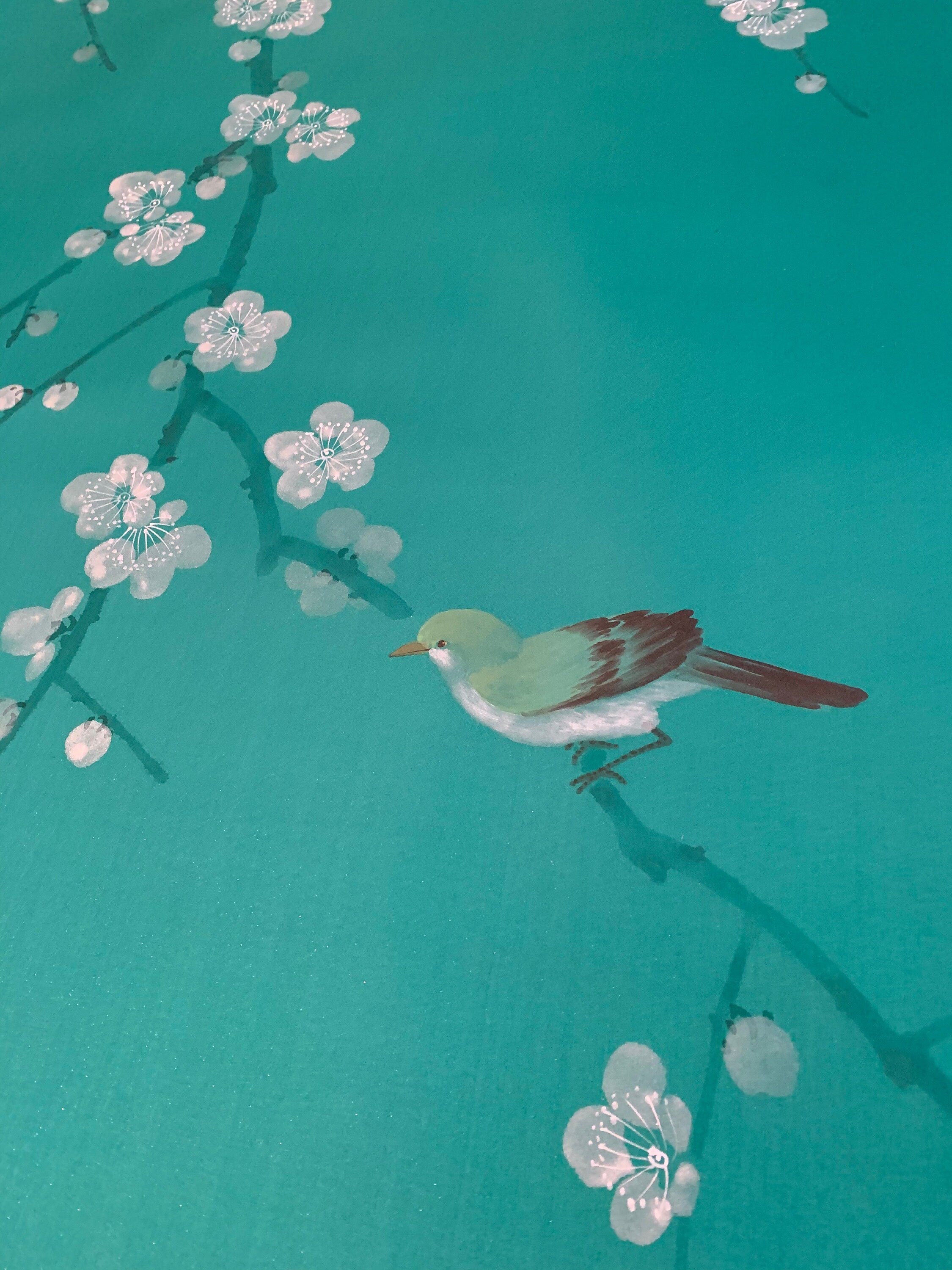 Chinoiserie Handpainted Wallpaper: Prunus in Unconscious Style with Birds on Green Silk