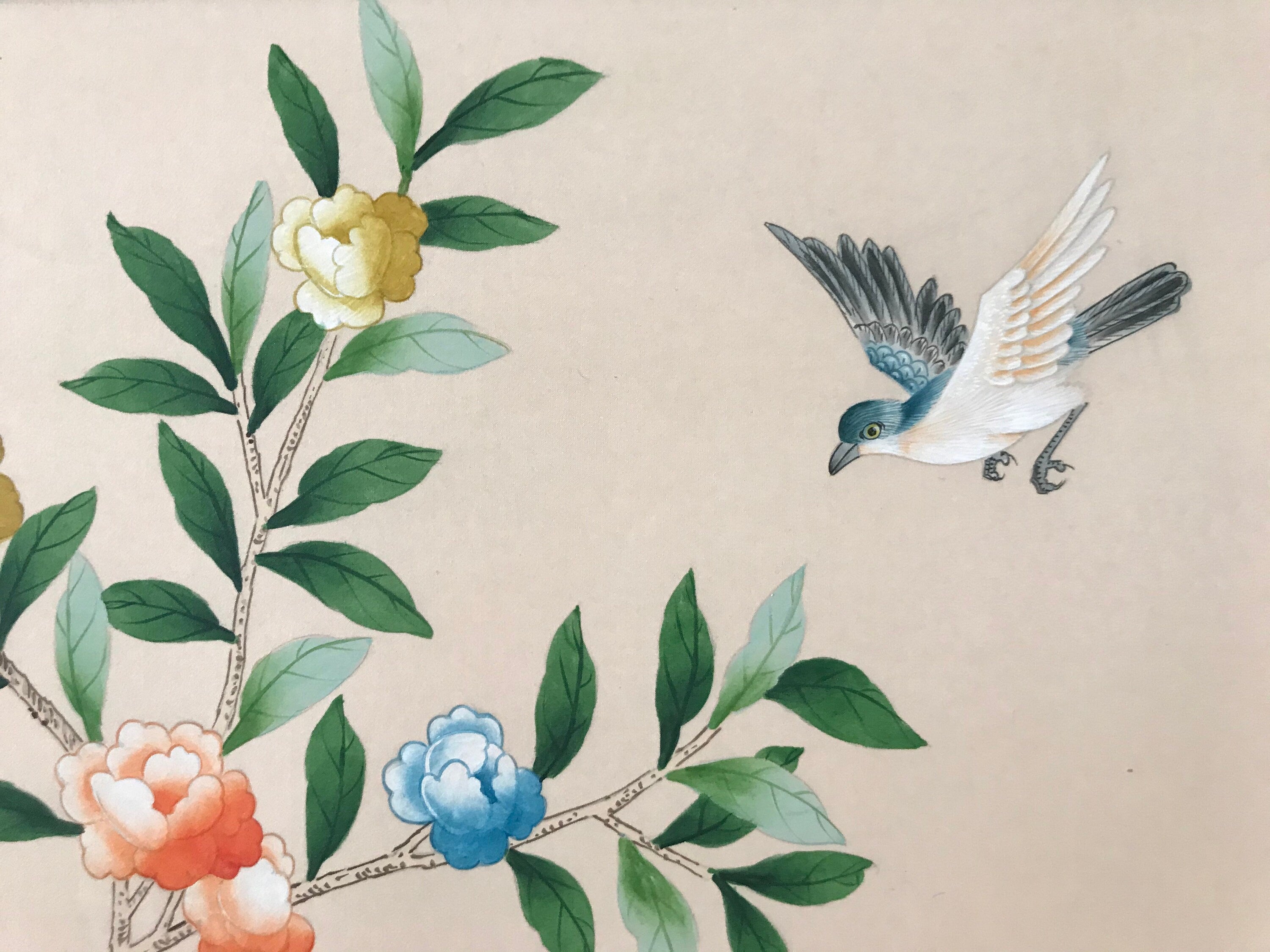 25" x 50" Chinoiserie Handpainted Silk Artwork on Pale Pink Spun Silk