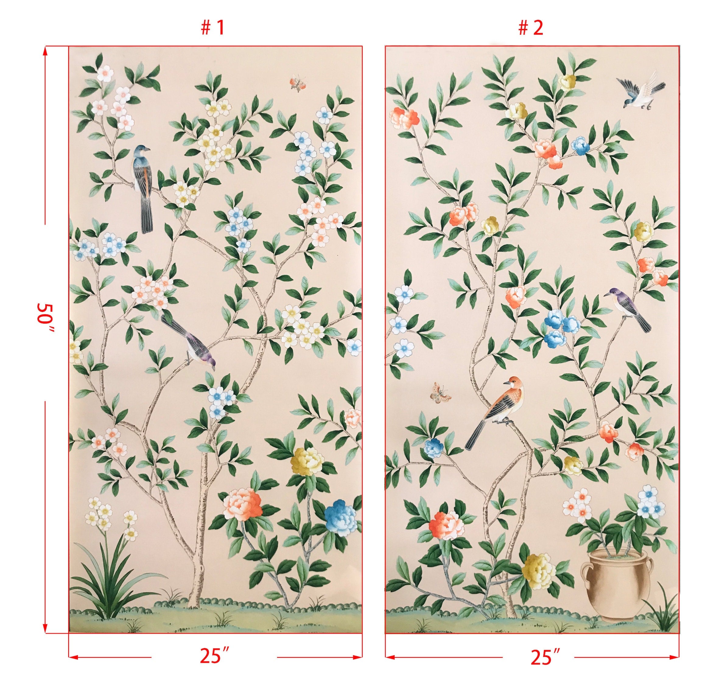 25" x 50" Chinoiserie Handpainted Silk Artwork on Pale Pink Spun Silk