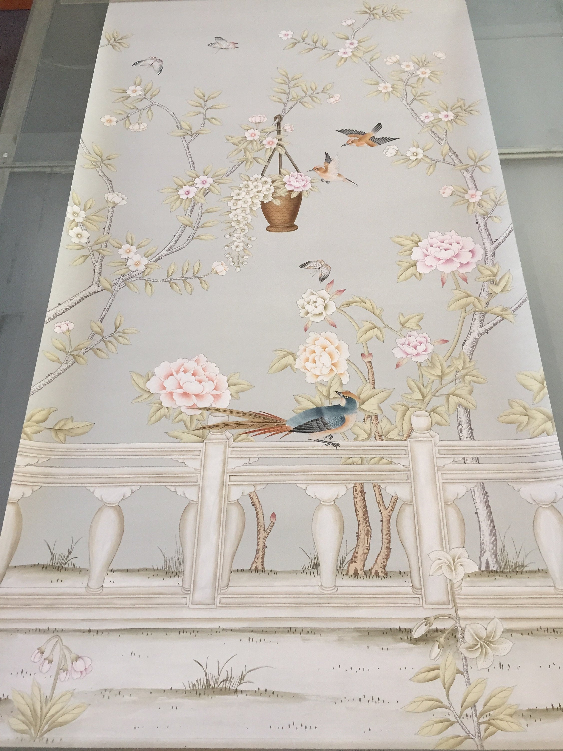 38" x 71" Chinoiserie Handpainted Artwork on Gray Paper