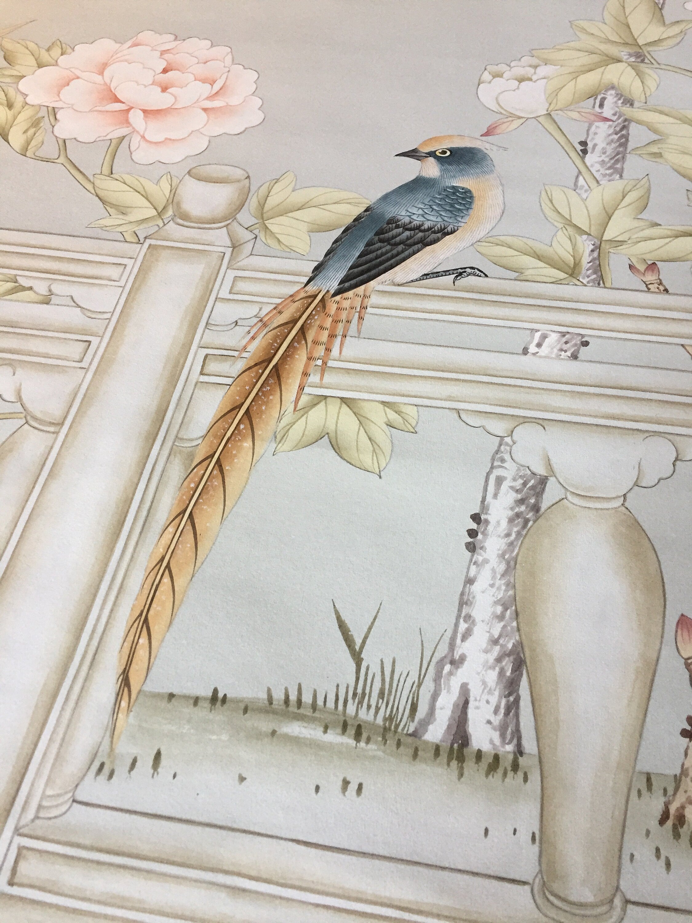 38" x 71" Chinoiserie Handpainted Artwork on Gray Paper