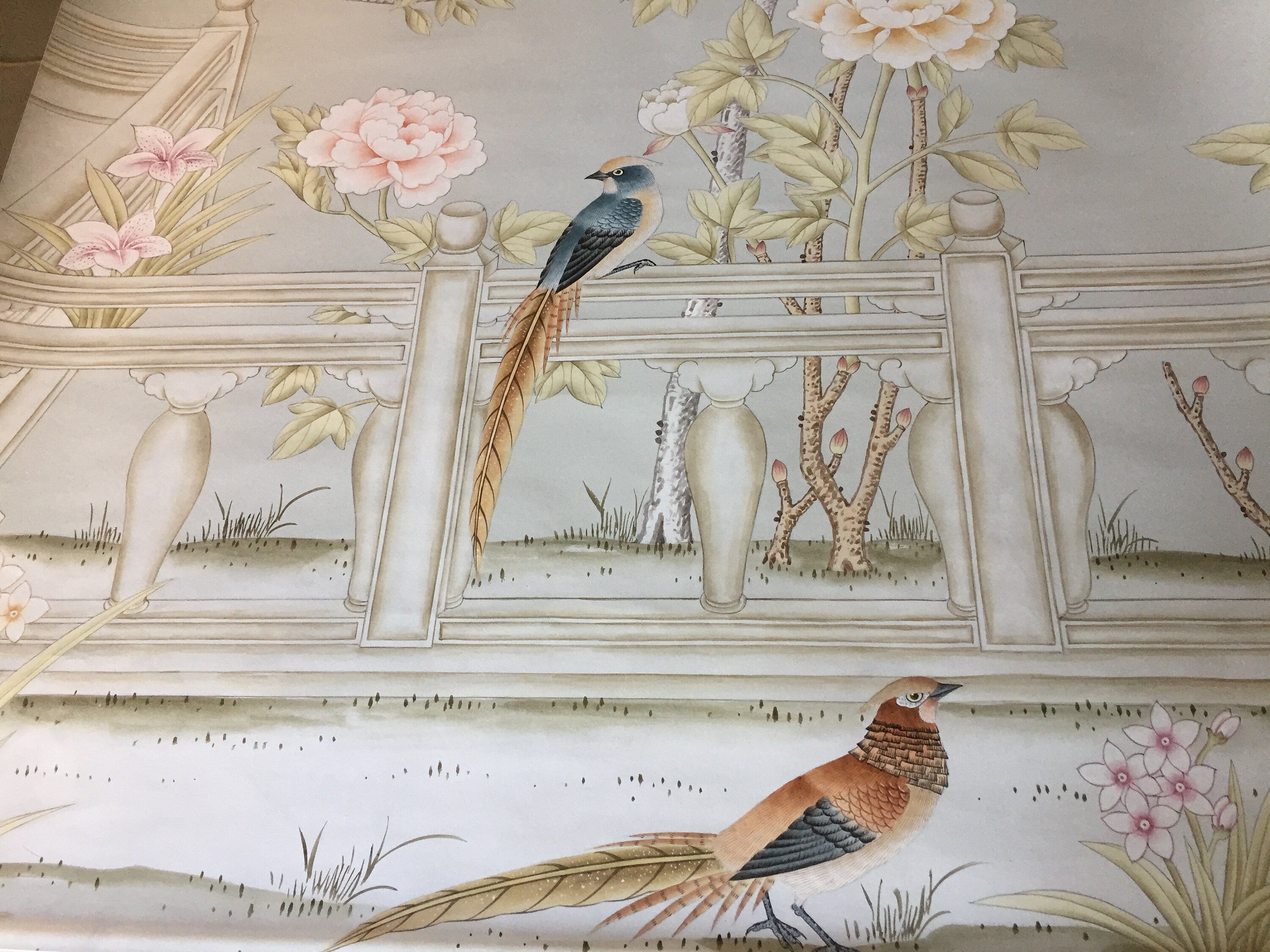 38" x 71" Chinoiserie Handpainted Artwork on Gray Paper