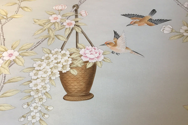 Custom-made Chinoiserie hand-painted wallpaper with intricate floral and bird motifs, tailored to fit any wall size and color scheme.