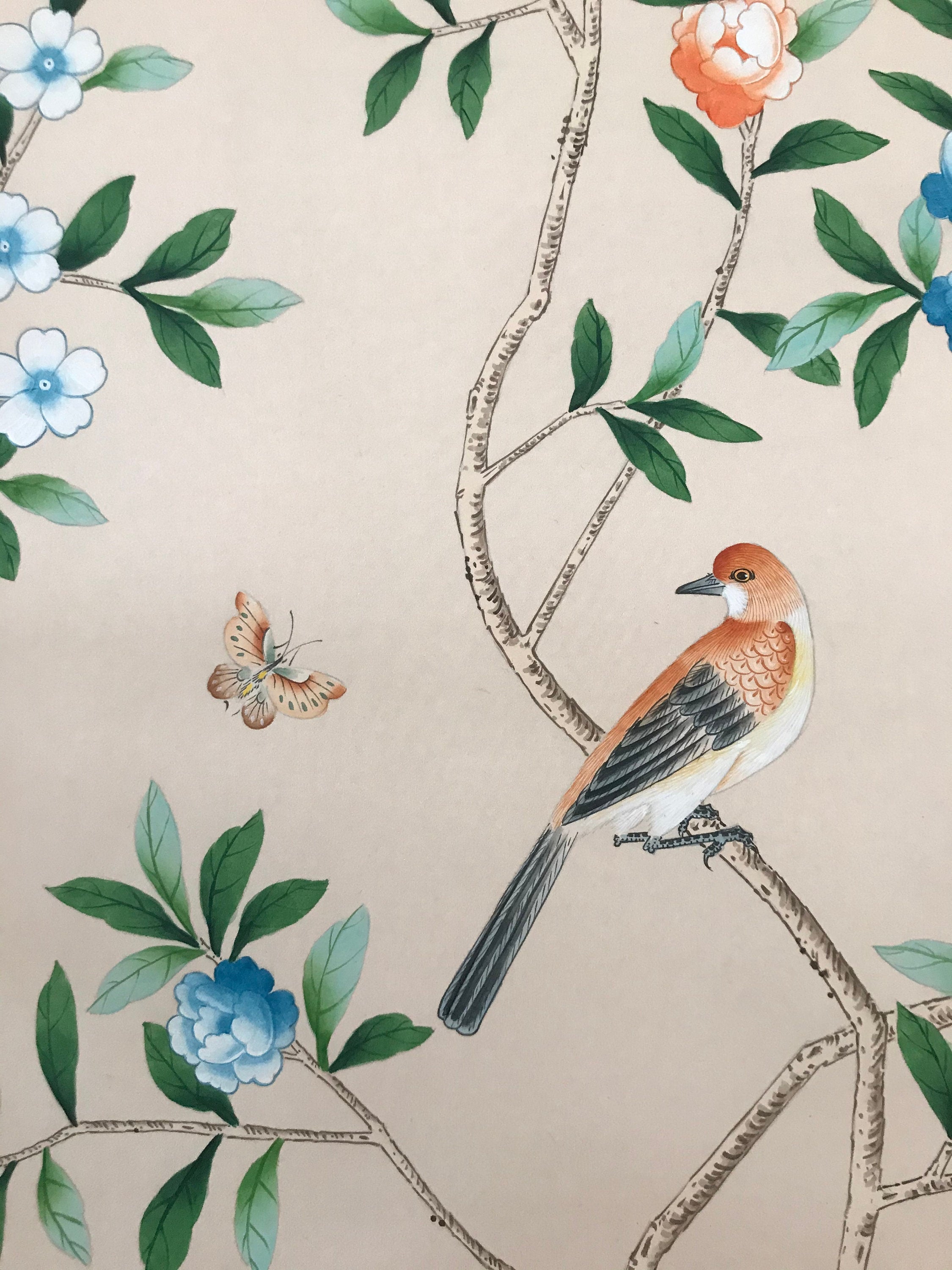 25" x 50" Chinoiserie Handpainted Silk Artwork on Pale Pink Spun Silk