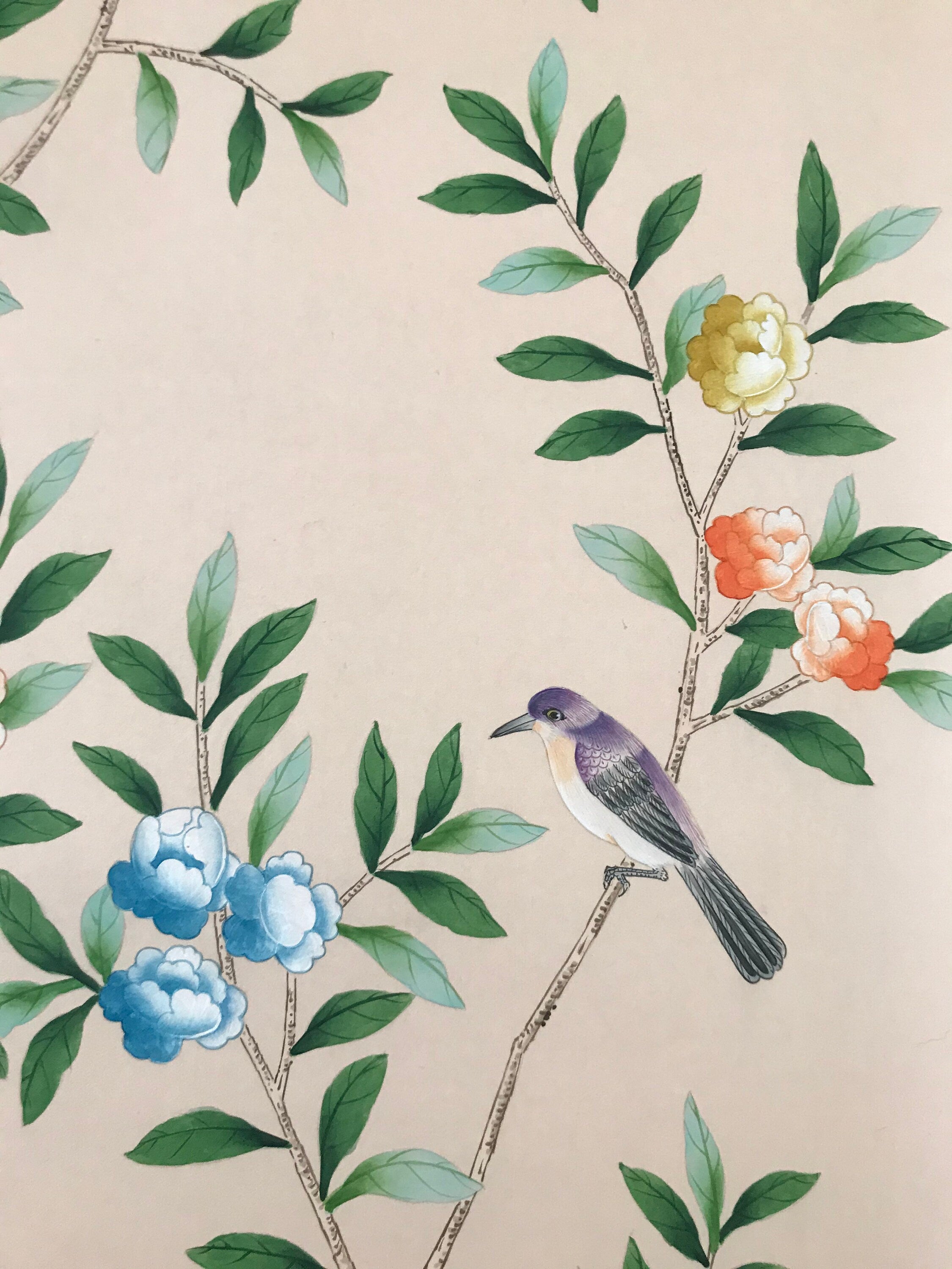 25" x 50" Chinoiserie Handpainted Silk Artwork on Pale Pink Spun Silk