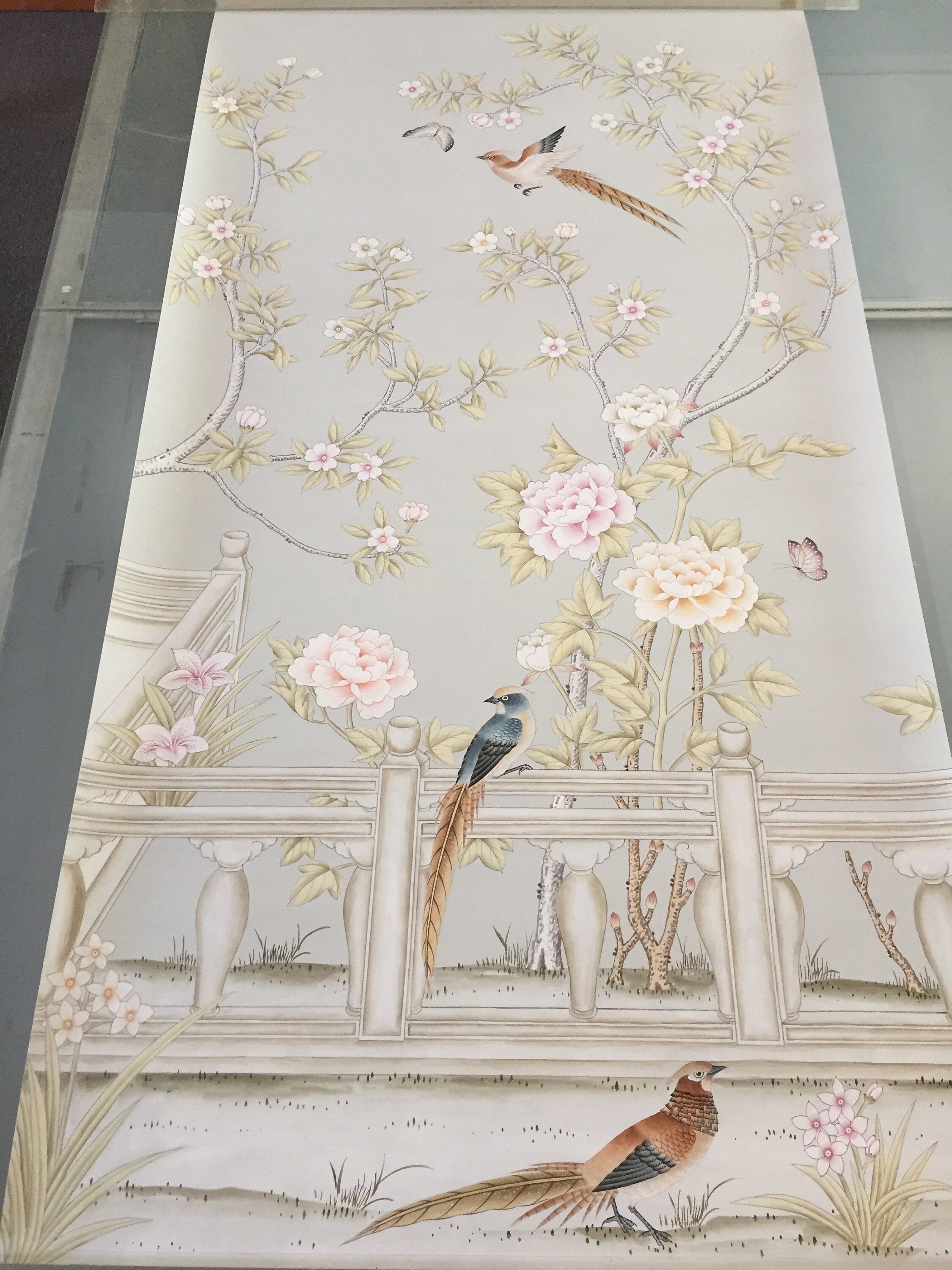 38" x 71" Chinoiserie Handpainted Artwork on Gray Paper