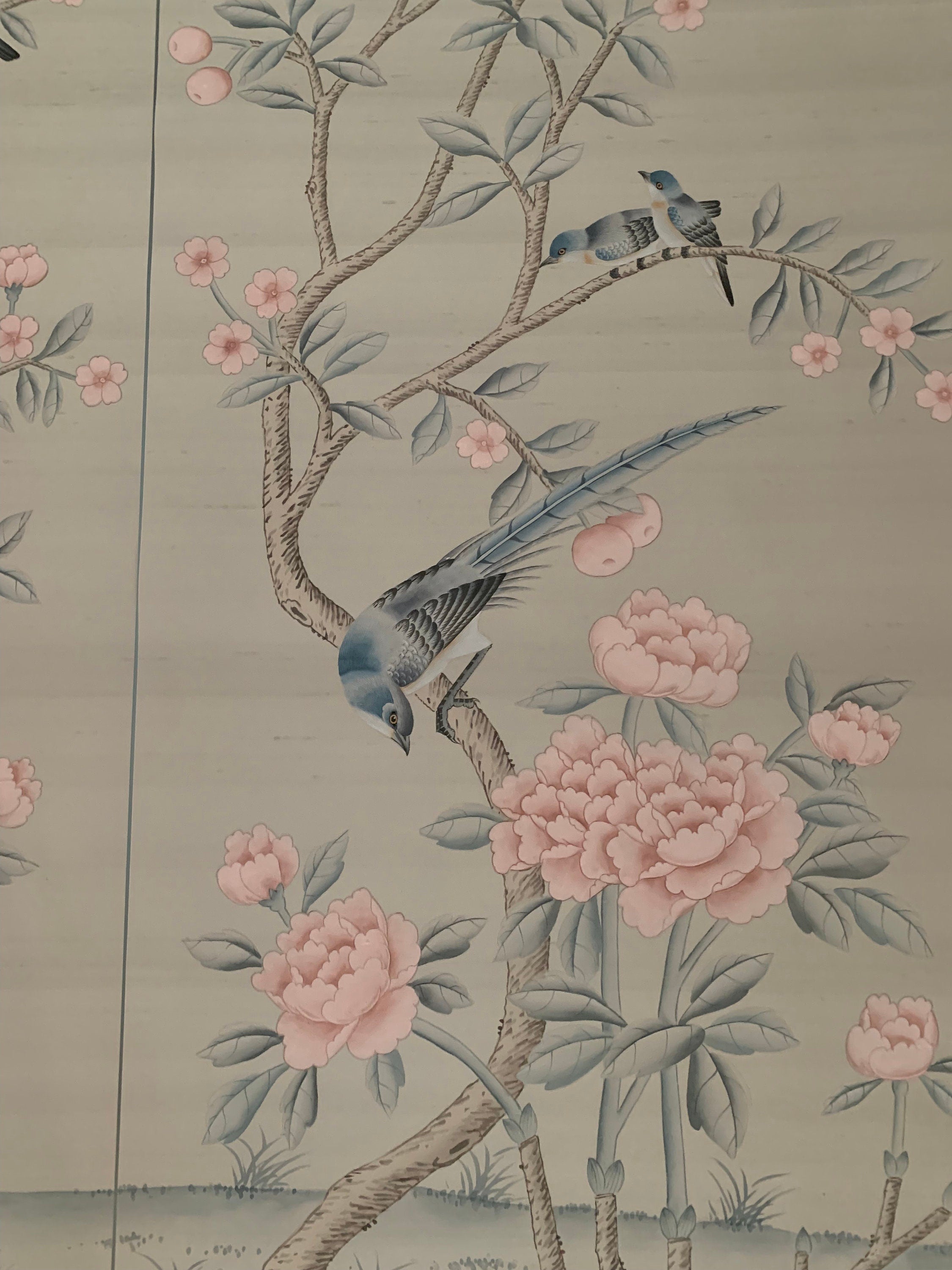 26" x48": Chinoiserie Handpainted Artwork on Light Grey Slub Silk DP-25