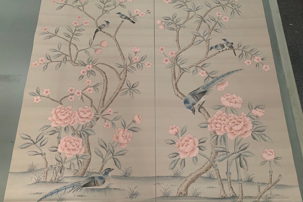 Custom-made Chinoiserie hand-painted wallpaper with intricate floral and bird motifs, tailored to fit any wall size and color scheme.
