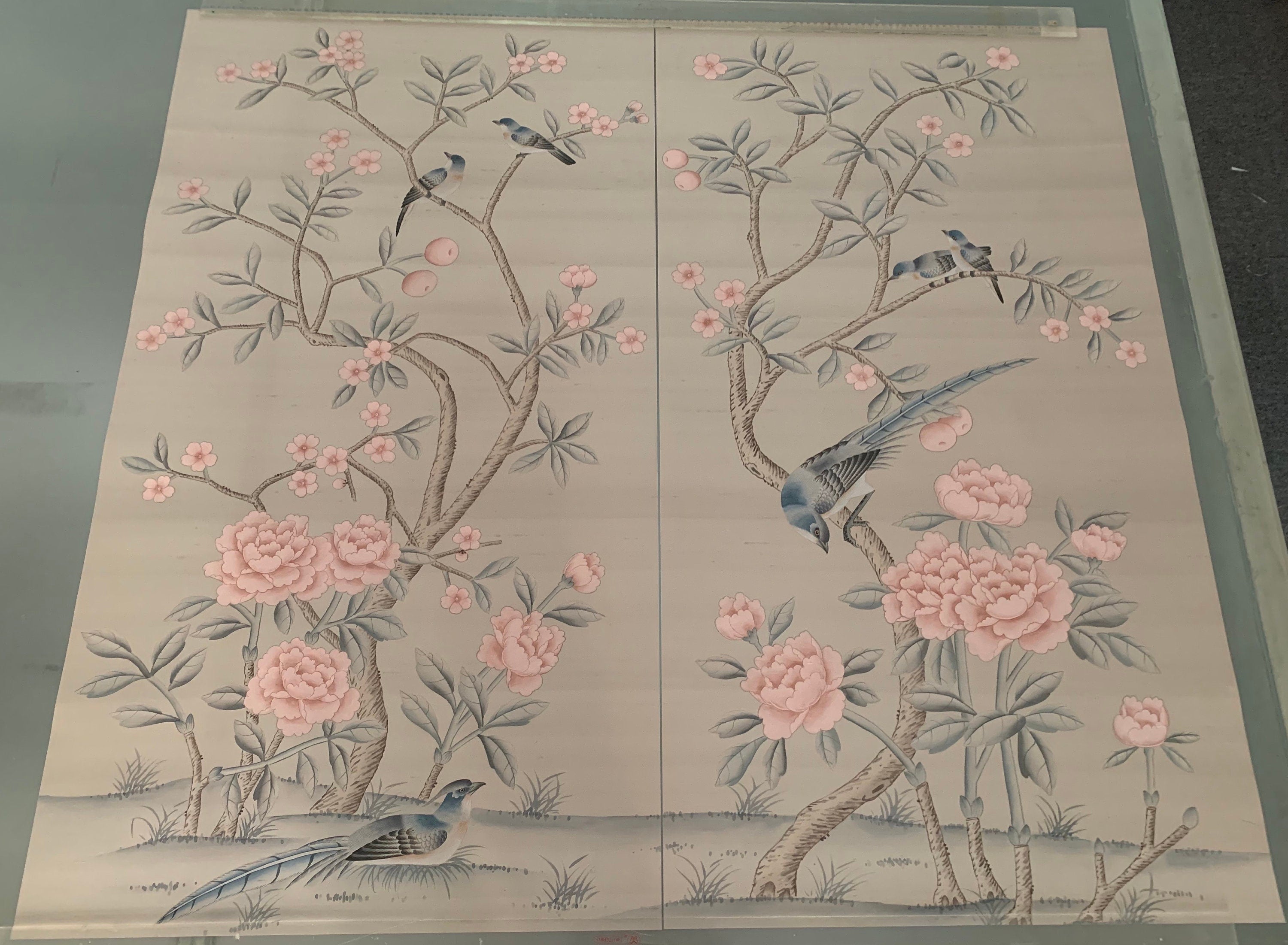 26" x48": Chinoiserie Handpainted Artwork on Light Grey Slub Silk DP-25
