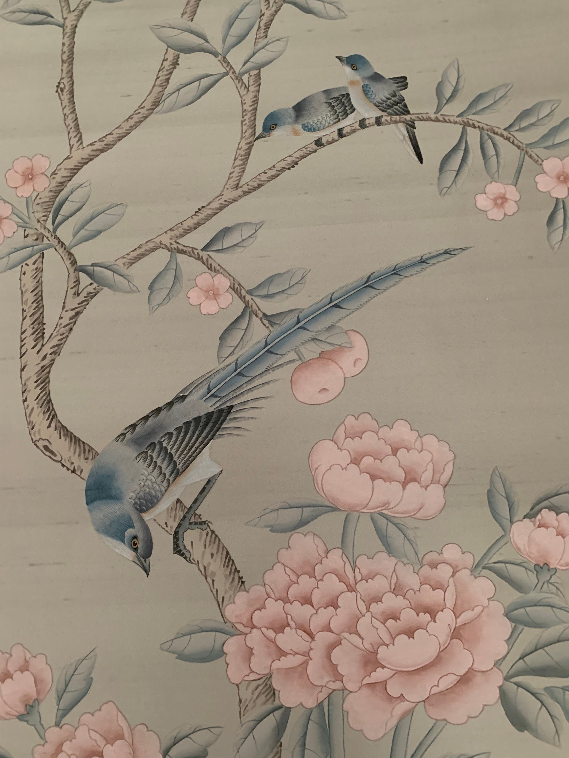 26" x48": Chinoiserie Handpainted Artwork on Light Grey Slub Silk DP-25